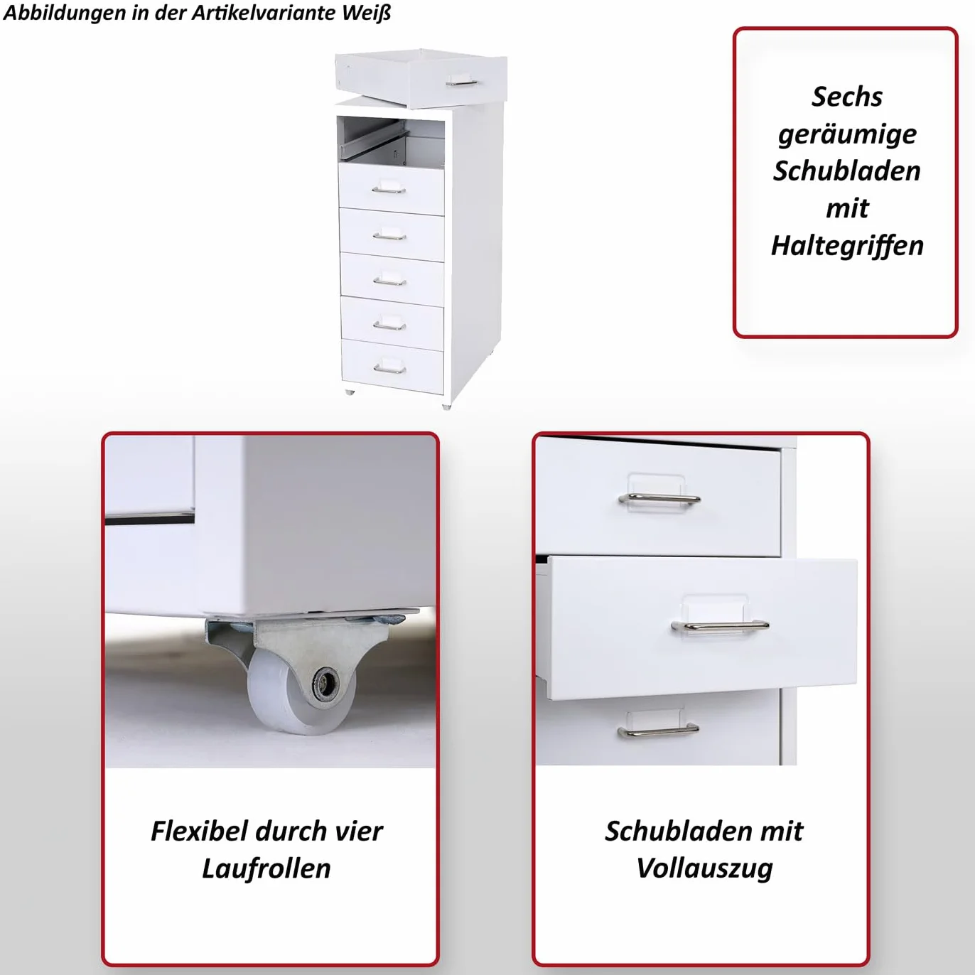 Mendler Boston T851AM - Cajonera Cajas de Almacenamiento (69 x 28 x 41 cm, 6 cajones), color blanco