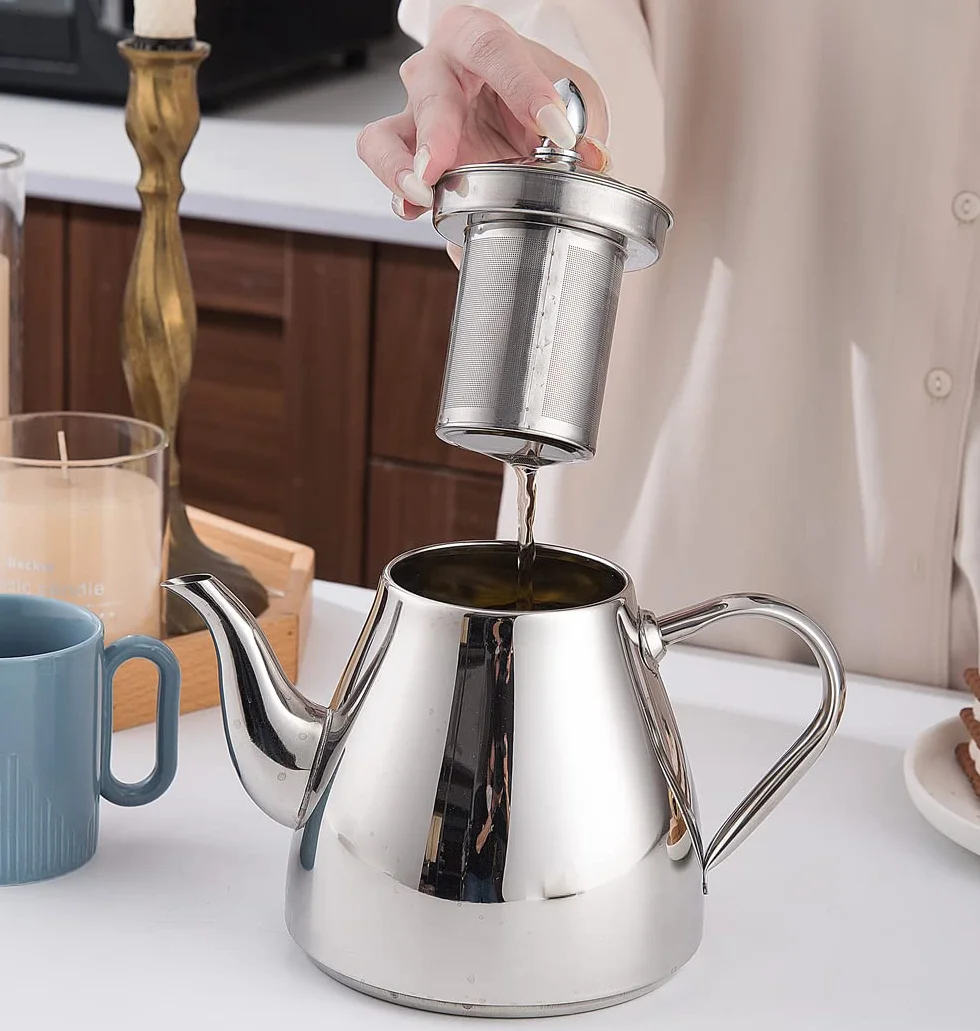 SANQIAHOME 1,2 litros Tetera de acero inoxidable con Filtro para infusiones extraíble,Cafetera, De Plata