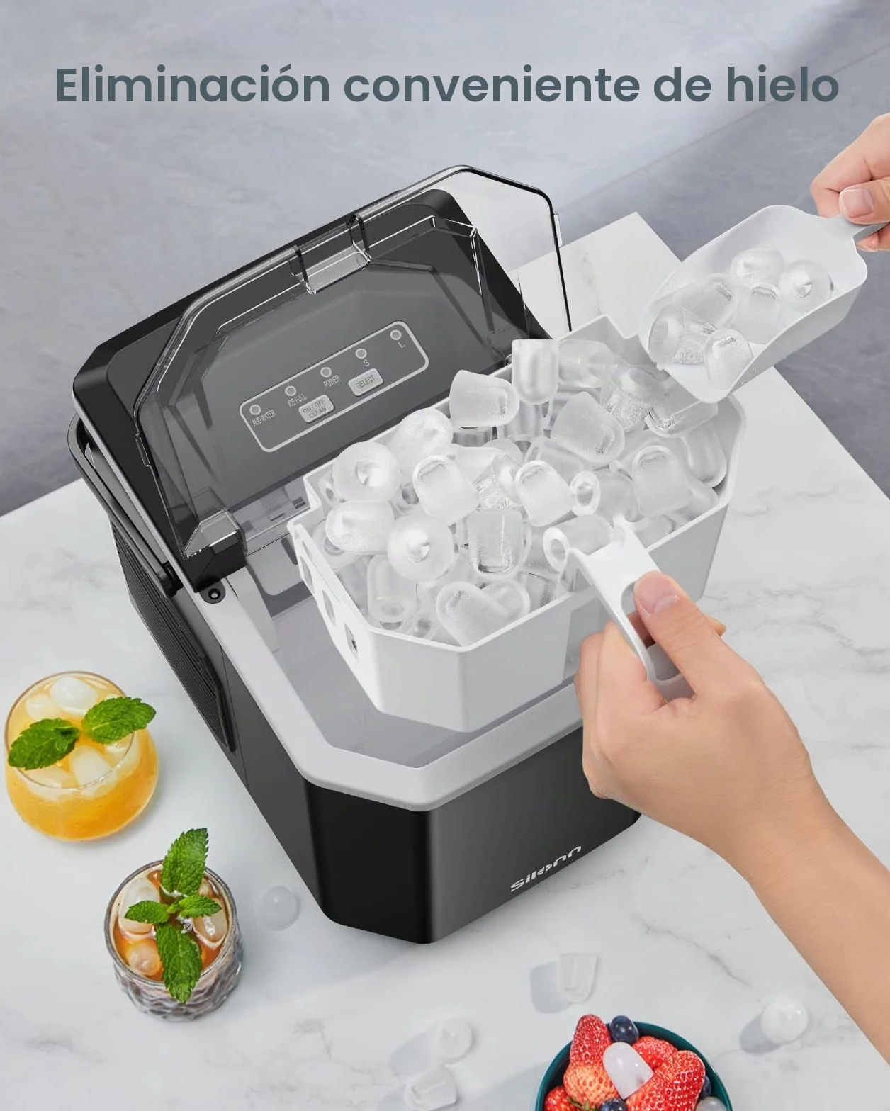 Silonn Máquina de Hielo Pequeña con Asa de Transporte, Máquina de Hacer Hielo Autolimpiable con Cesta y Pala, 9 Cubos en 6 Minutos, 12 kg por Día, Ideal para Casa, Cocina, Camping y RV
