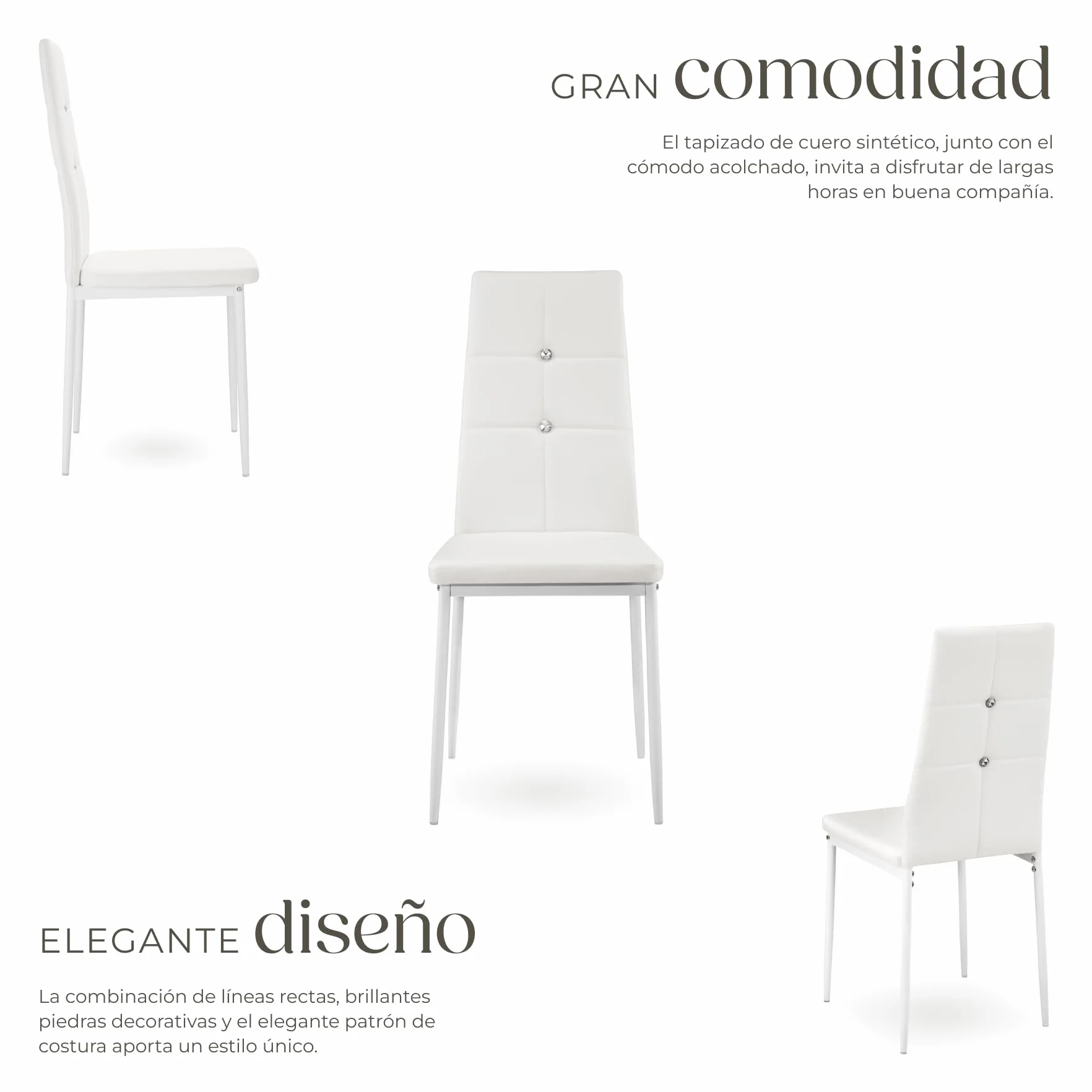 tectake® Silla de Comedor, Asiento y Respaldo Acolchado, Piel Sintética, Piedras Brillantes, Sillas Modernas, Sillas Cocina, Alta Capacidad de Carga, Montaje Rápido - 4 Sillas Blanco
