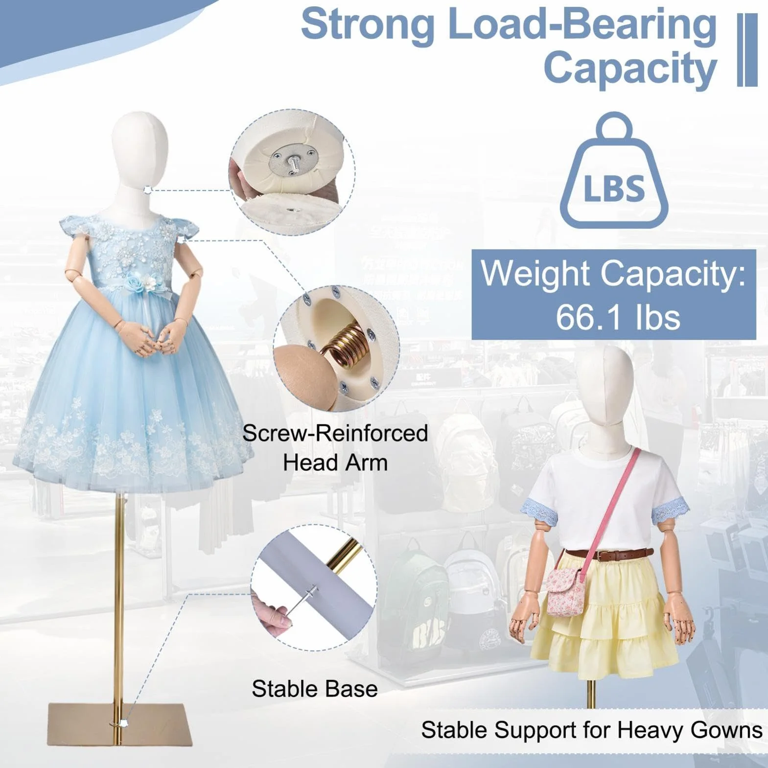 Maniquies Infantiles Ajustable de 132 a 185 cm Soporta 30 kg Brazos de Plásticos Duro Base Cuadrada Antideslizante –Ideal para Escaparates