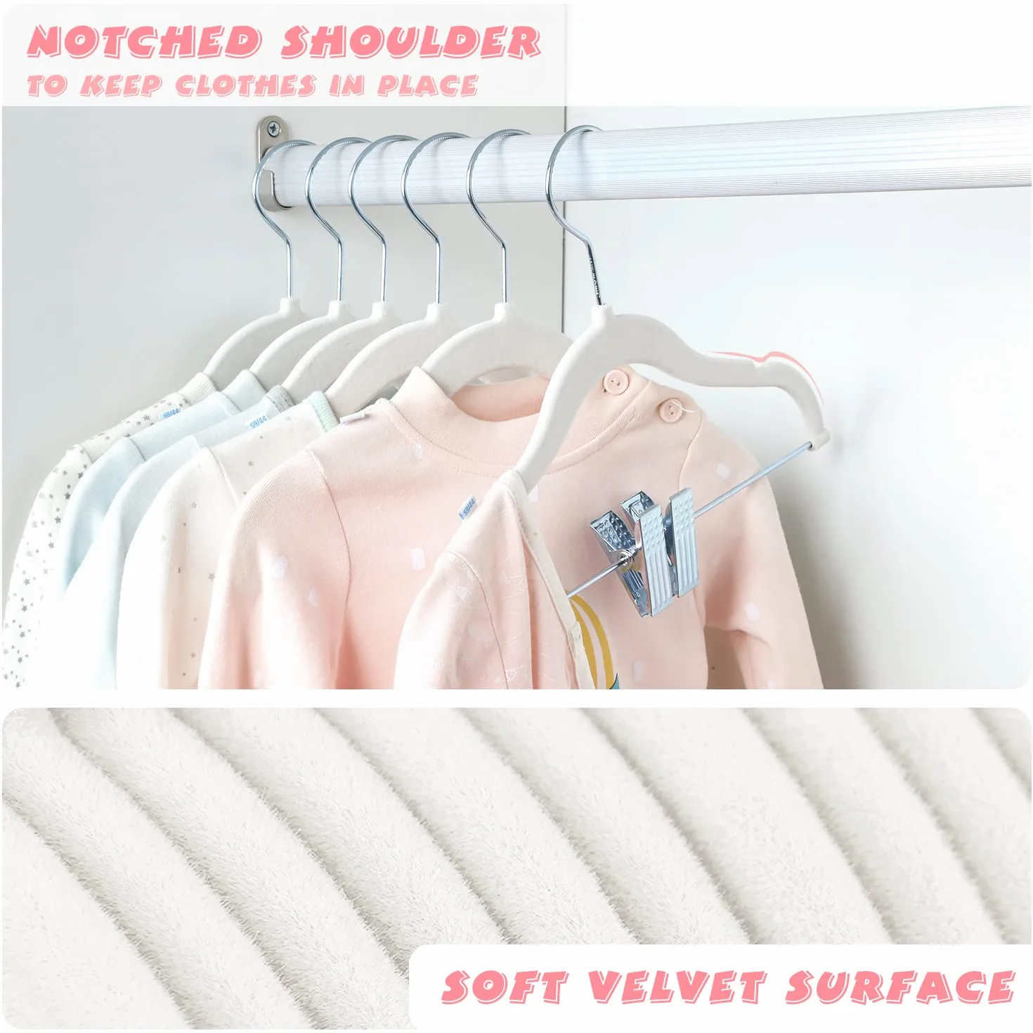 ManGotree Perchas de terciopelo para bebé de 11.8 pulgadas con clips móviles, perchas antideslizantes para ropa de niños, perchas de fieltro ultrafinas que ahorran espacio para camisas, pantalones