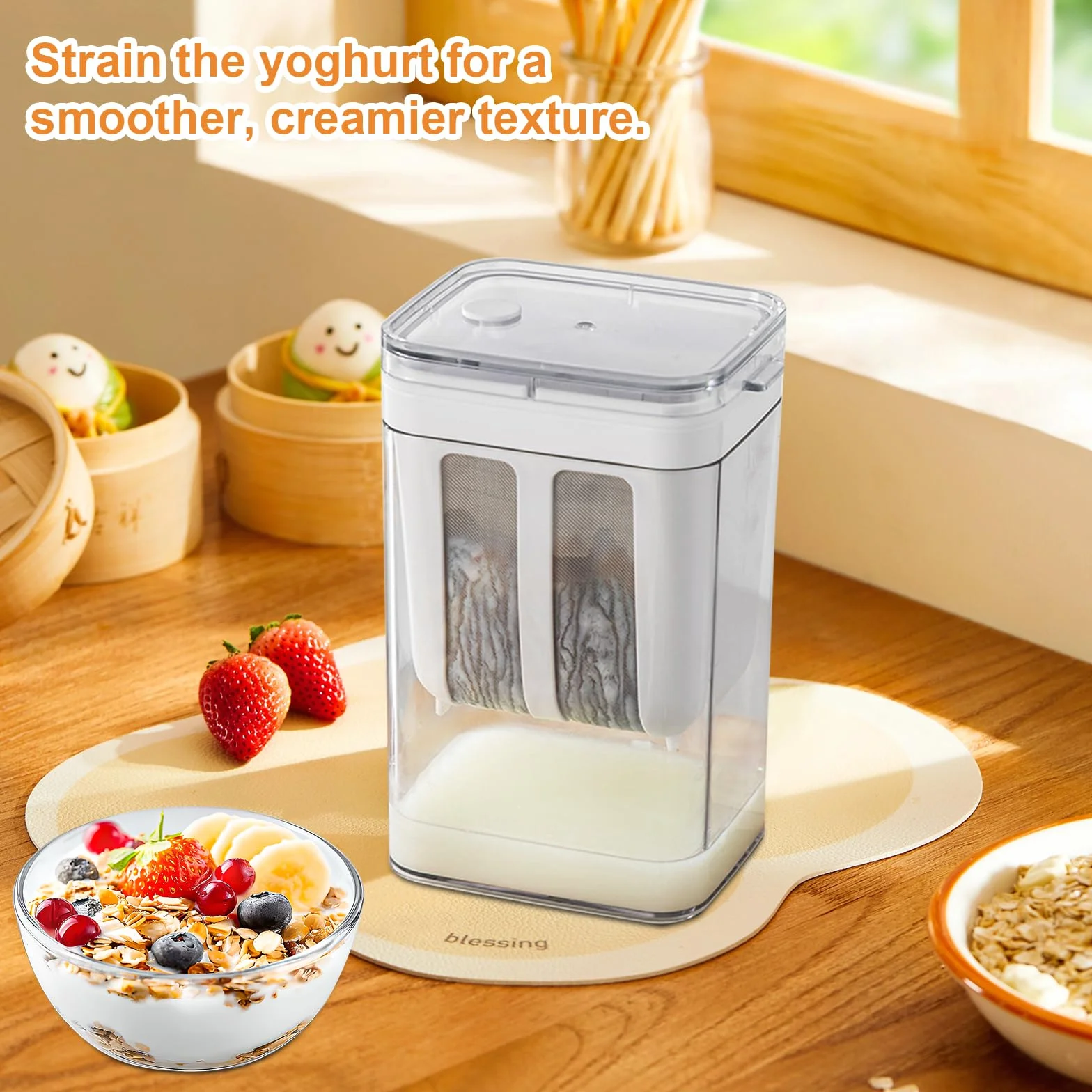Colador para Yogur Griego 1100 ml con Tapa, Separador de Suero Reutilizable en Acero Inoxidable con Malla Extra Fina para Hacer Yogur Griego, Leche de Soja y Leche de Frutos Secos