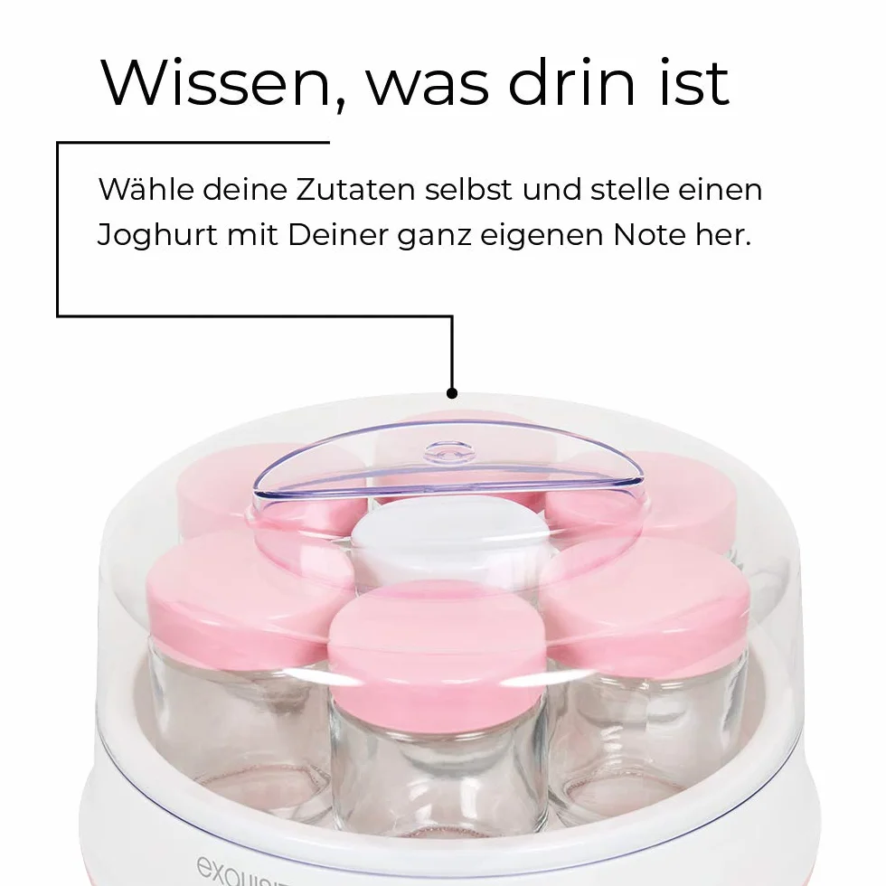 Exquisit YM 3101 WEP yogur Maker/yogurtera/15 W/7 Mucha vasos/1,4 L/, apto para lavavajillas, Blanco y Rosa