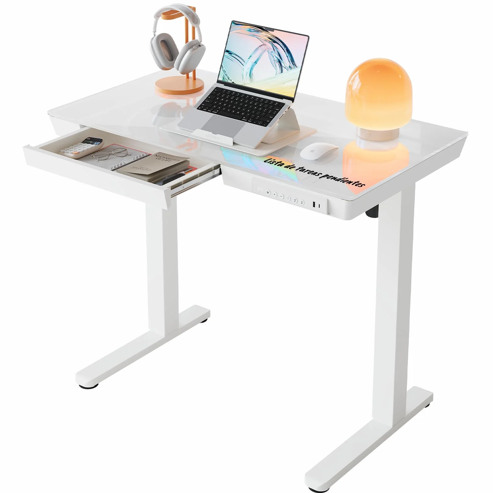 HUANUO 88 x 50 cm Escritorio Elevable, Mesa Elevable de Vidrio con Cajón, Puerto Carga USB y Panel Inteligente de 3 Memorias, Vidrio Blanco