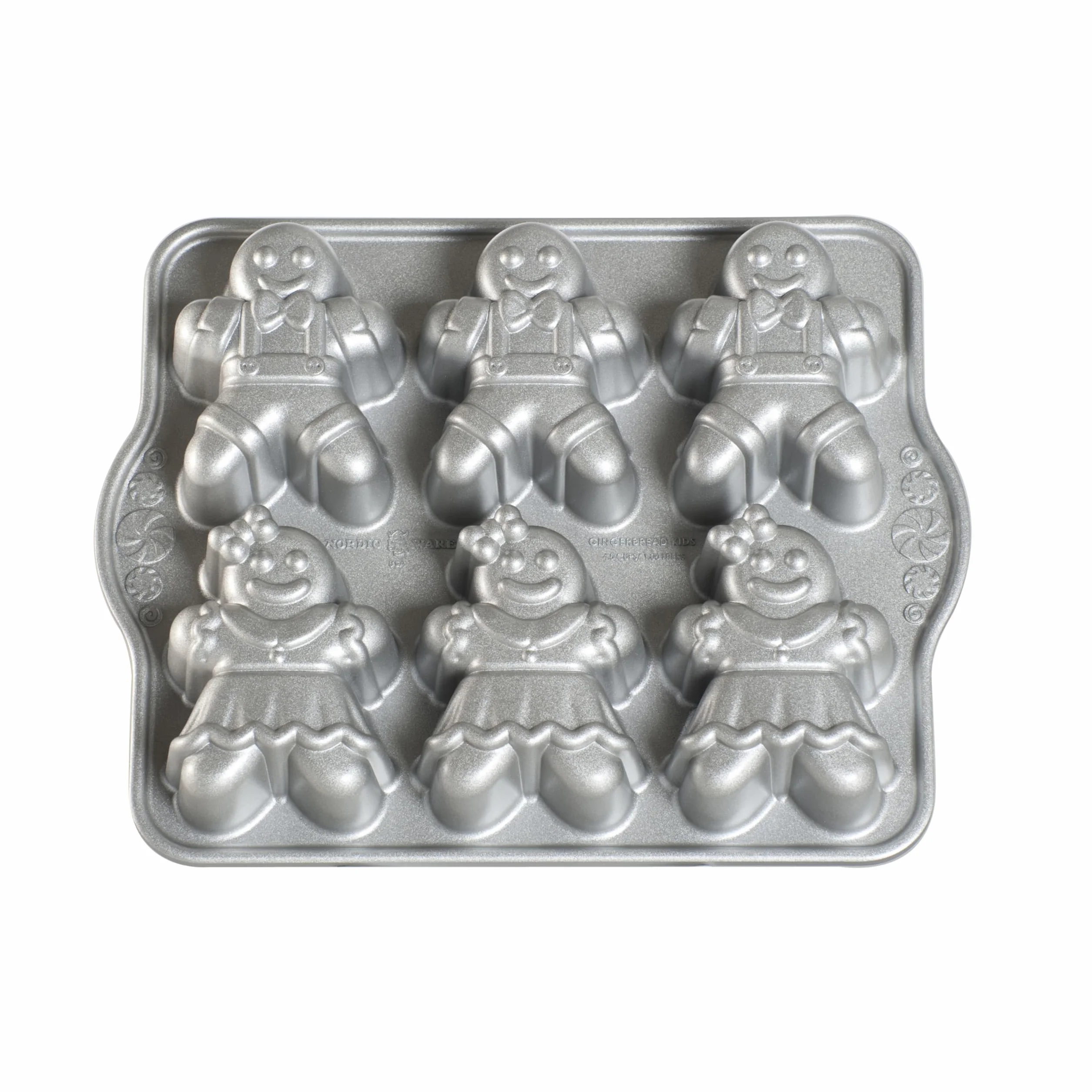 Nordic Ware molde para tartas con forma de muñecos de jengibre, bandeja para 6 tartas pequeñas moldes de Navidad para dulces, accesorios de repostería fabricados en EE. UU., color: plateado