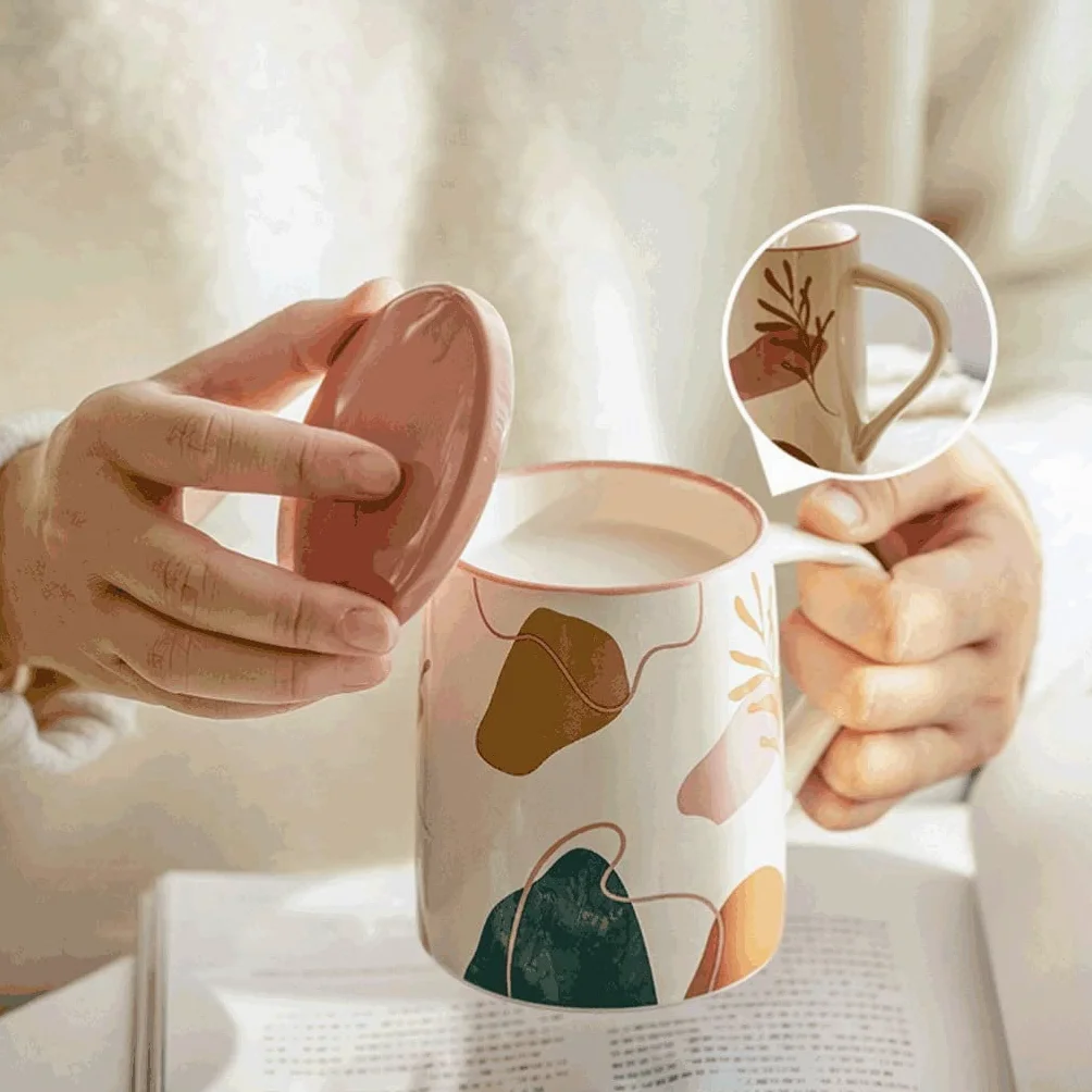 Taza de Café de Té Taza De Café Con Tapa, Tazas Creativas De Cerámica Para Bebidas Calientes Con Asa, 14,1 OZ, Taza Para Beber En El Microondas para té de la tarde(B)