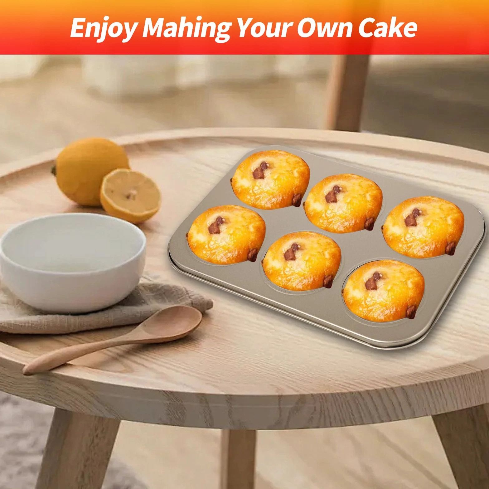 KITDAHOM Juego de 2 moldes de acero para 6 magdalenas, bandeja para hornear antiadherente, ideal para magdalenas, tartas y pudín