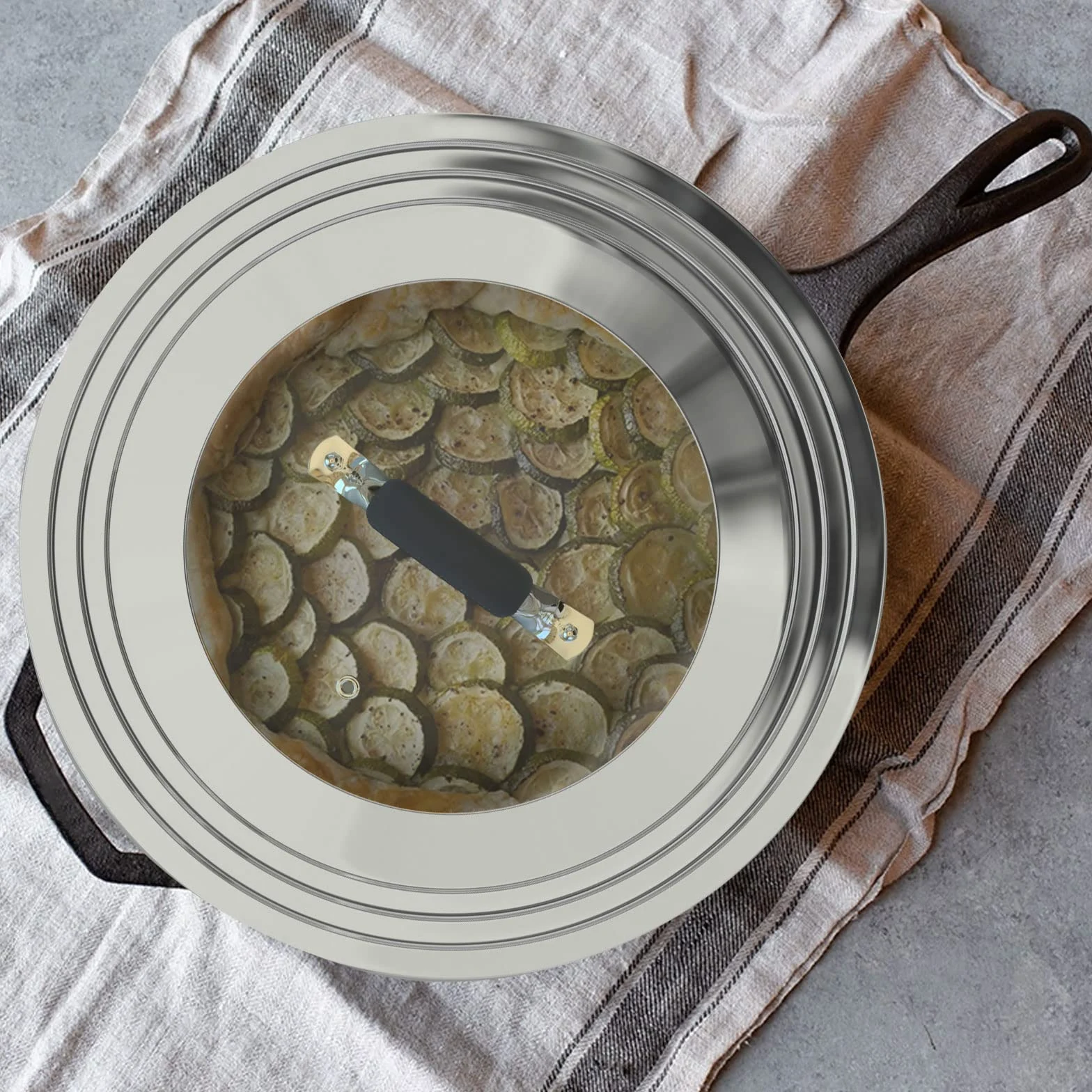 Tapa Universal Para 21 – 31 cm Sartenes, Ollas, Cacerolas y Woks, Tapa de Cristal con Borde de Acero Inoxidable, Cubierta Universal de Ollas con Mango de Silicona Resistente al Calor, Negra