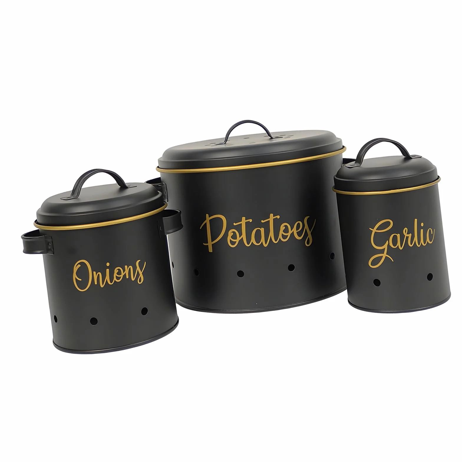 3 recipientes de almacenamiento de verduras de metal ventilado con tapa para patatas, cebollas, ajo, conservación de alimentos, planificador de productos de cocina