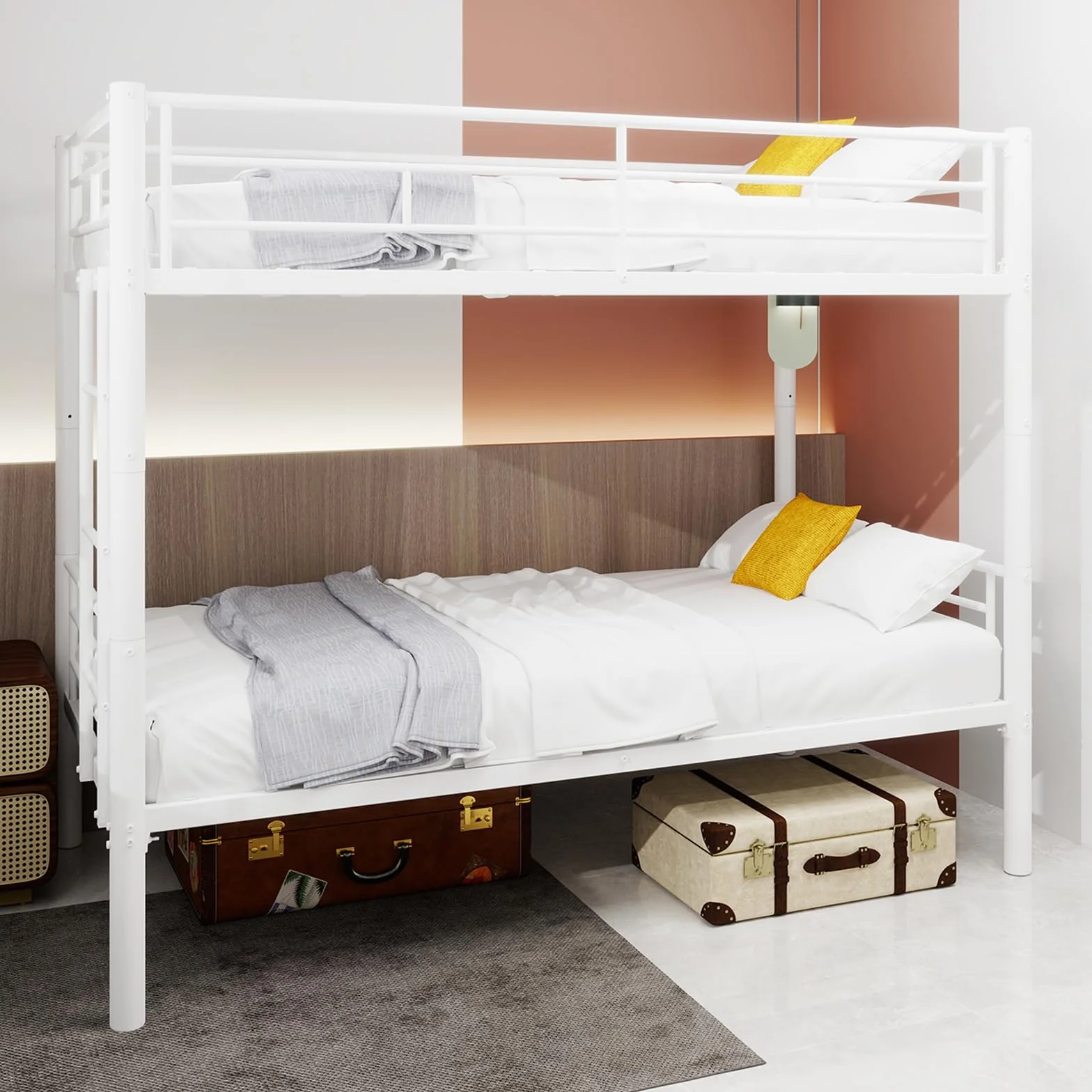 Litera de hierro, 90 x 190 cm, estructura metálica con escalera y barandilla, convertible en dos camas, apta para adolescentes y adultos (sin colchón) (blanco)