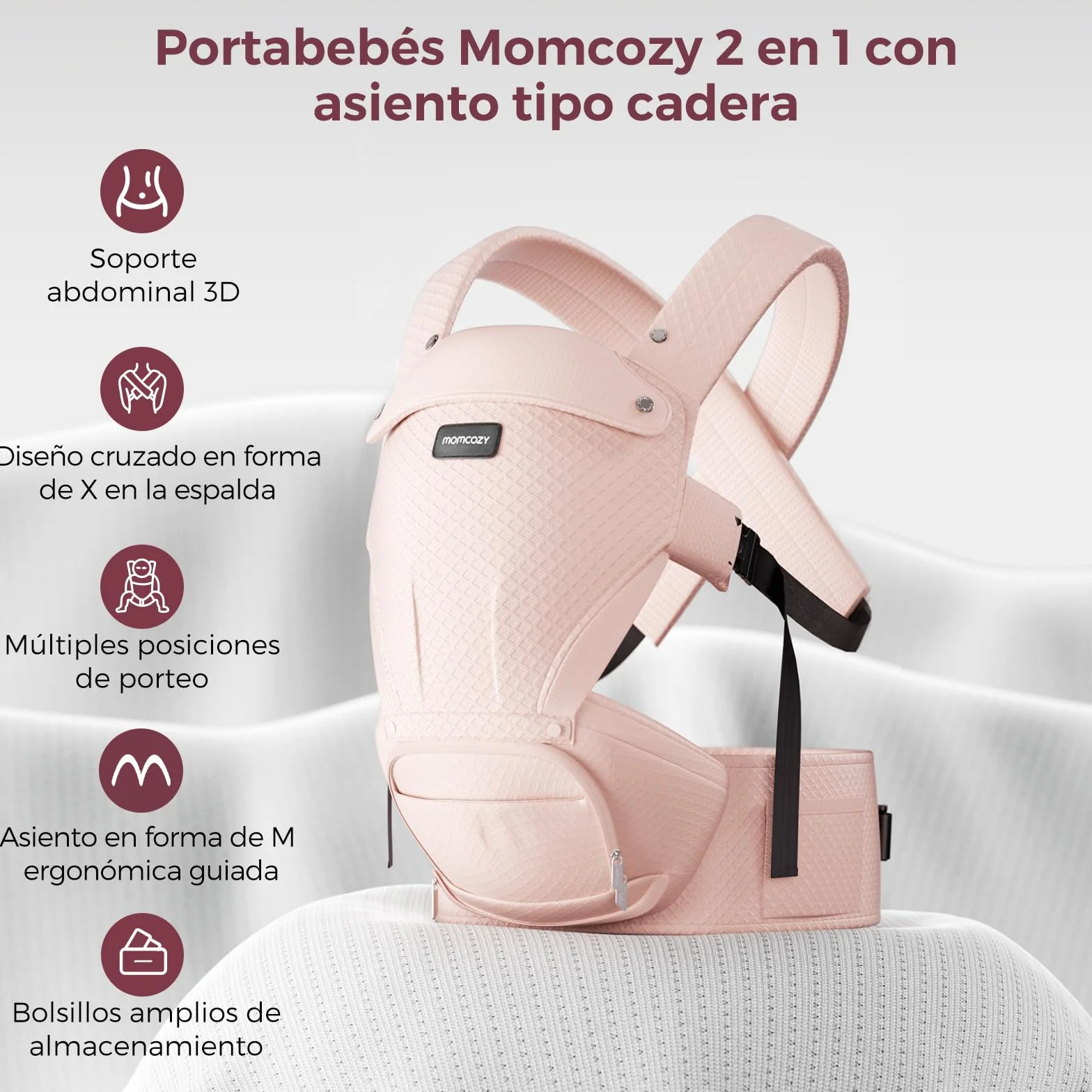 Momcozy Mochila Portabebés Ergonómica 2 en 1 con Asiento de Cadera Desmontable, Transpirable, Soporte Lumbar, hasta 20 kg