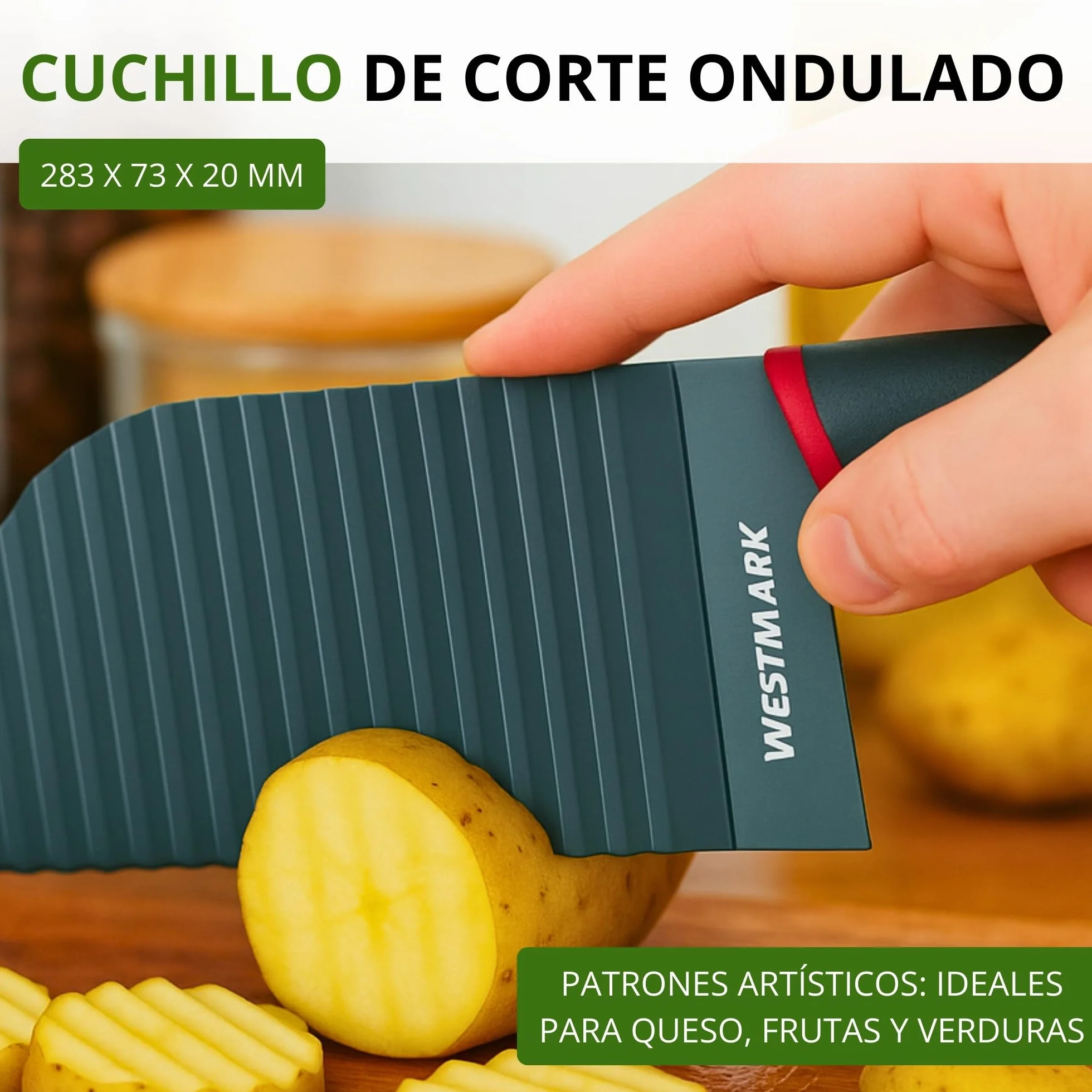 Westmark cortador ondulado, cuchillo negro-rojo de 28.3 cm para verduras, patatas, fritas y alimentos BLW, Hoja con revestimiento antiadherente, óptimo para cortes creativos y seguros