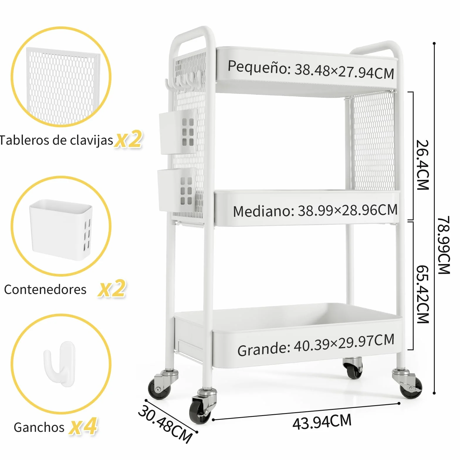 Urackify Carrito de Almacenamiento utilitario para diversas Aplicaciones – Carrito rodante de Metal de 3 Niveles con tableros de Clavijas, cestas y Ganchos para Almacenamiento Adicional en Cocina,