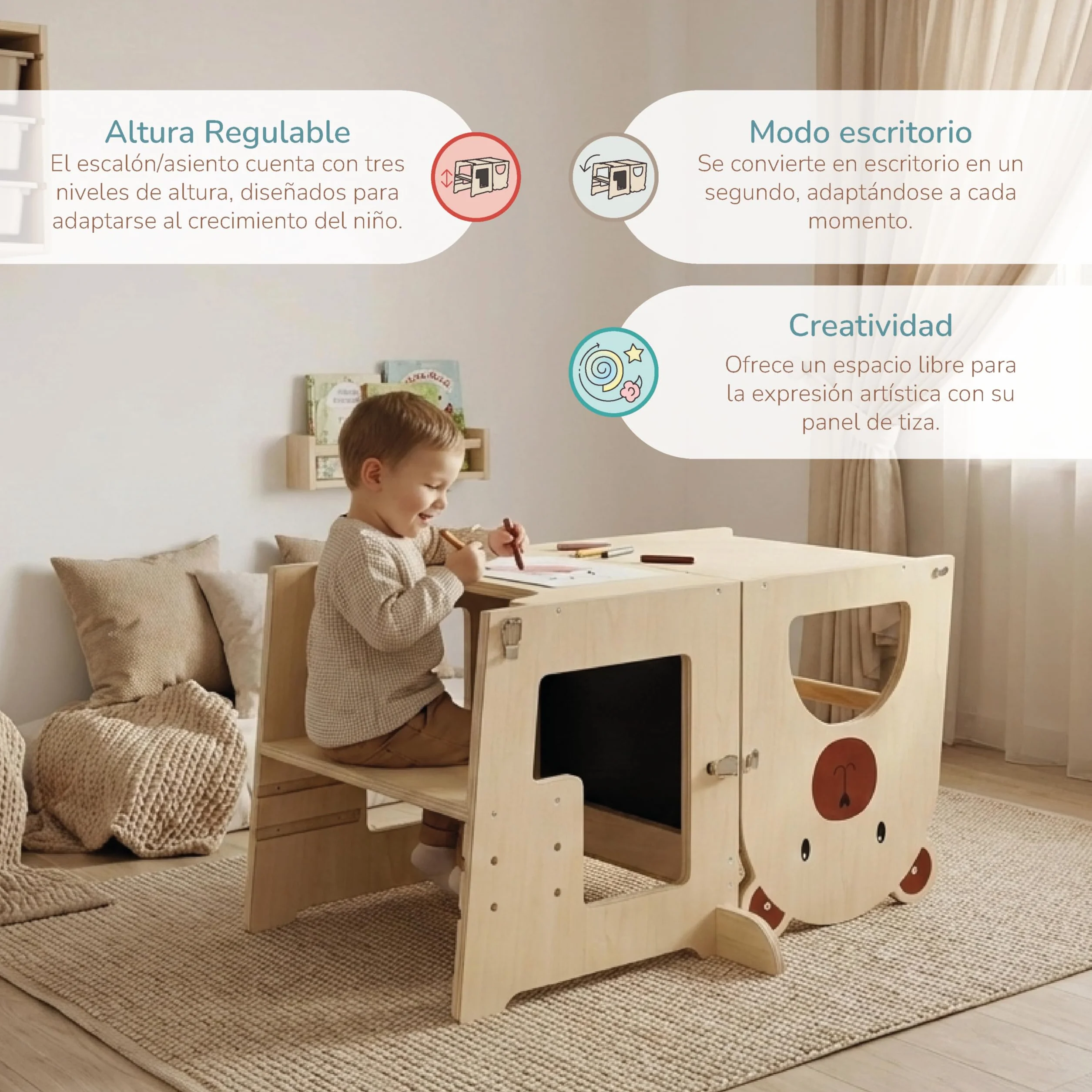 Buddy Baby Xperimenta Torre de Aprendizaje Madera Maciza Montessori Convertible Escritorio Infantil Taburete Cocina Plegable Barra Seguridad