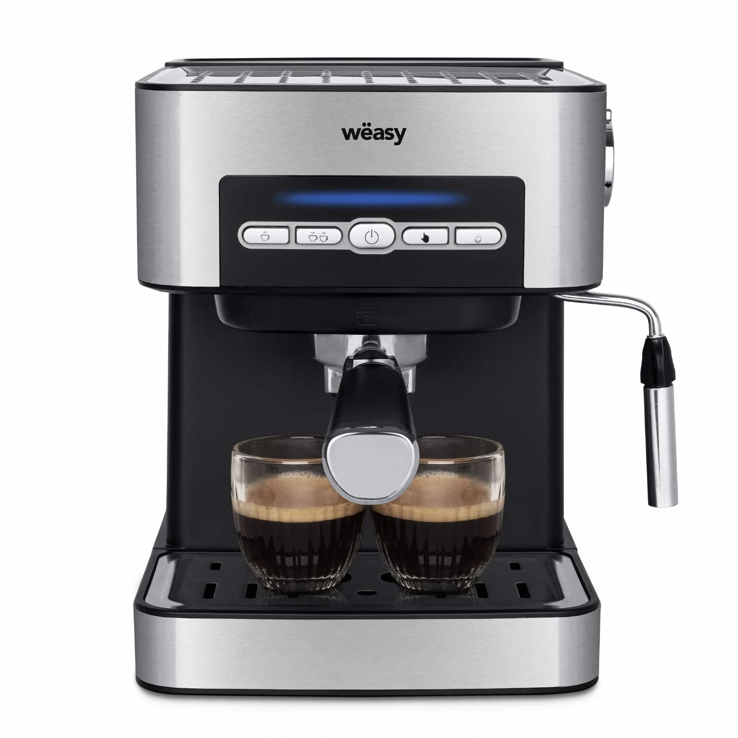 KFX32 Maquina de Café Espresso Programable, 15 Tazas, Depósito de 1.6 litros, Presión Bomba 20 Bares, Brazo Doble Salida, Vaporizador, Superficie Calientatazas, Acero Inoxidable, Plata