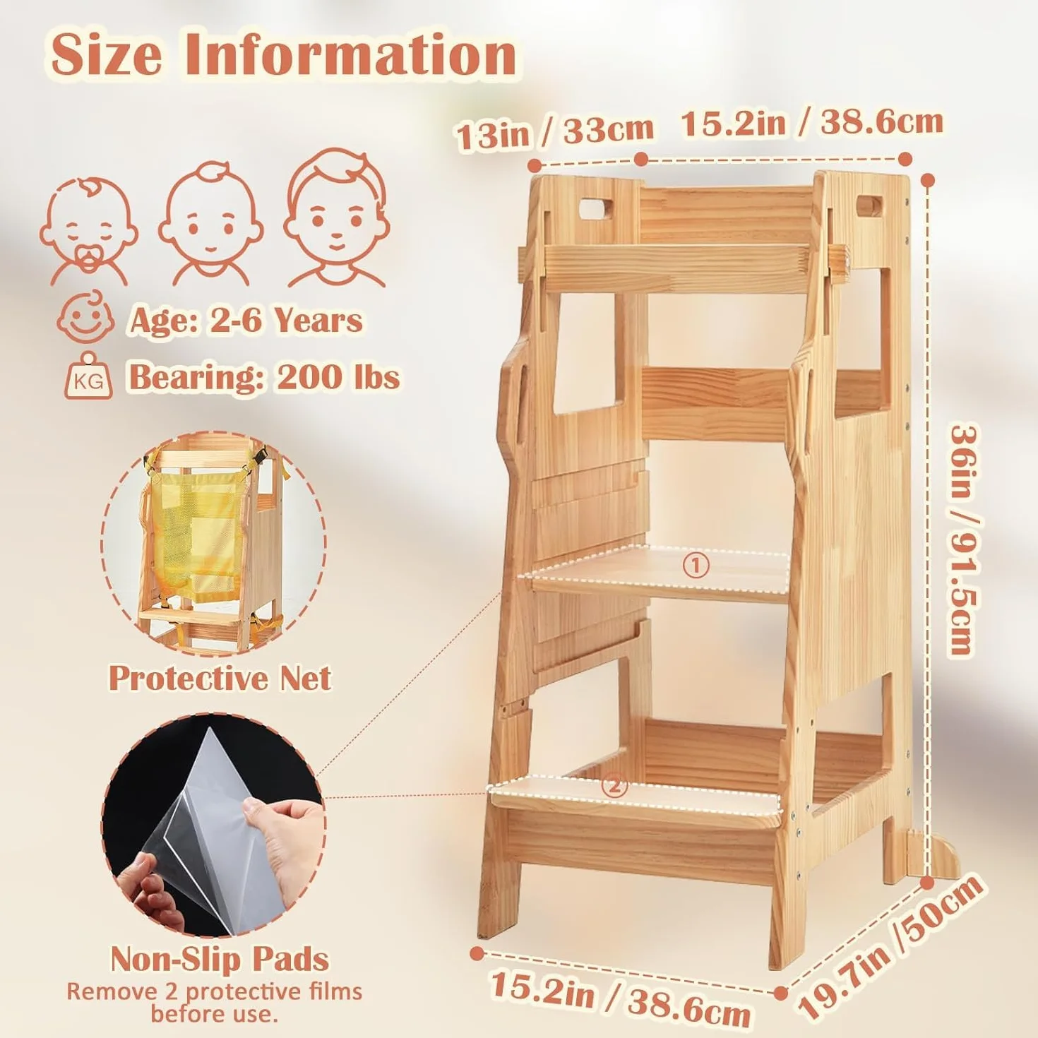 FUNLIO Torre de Aprendizaje con Red de Seguridad, Taburete Cocina Niños Ajustable 3 Niveles Montessori