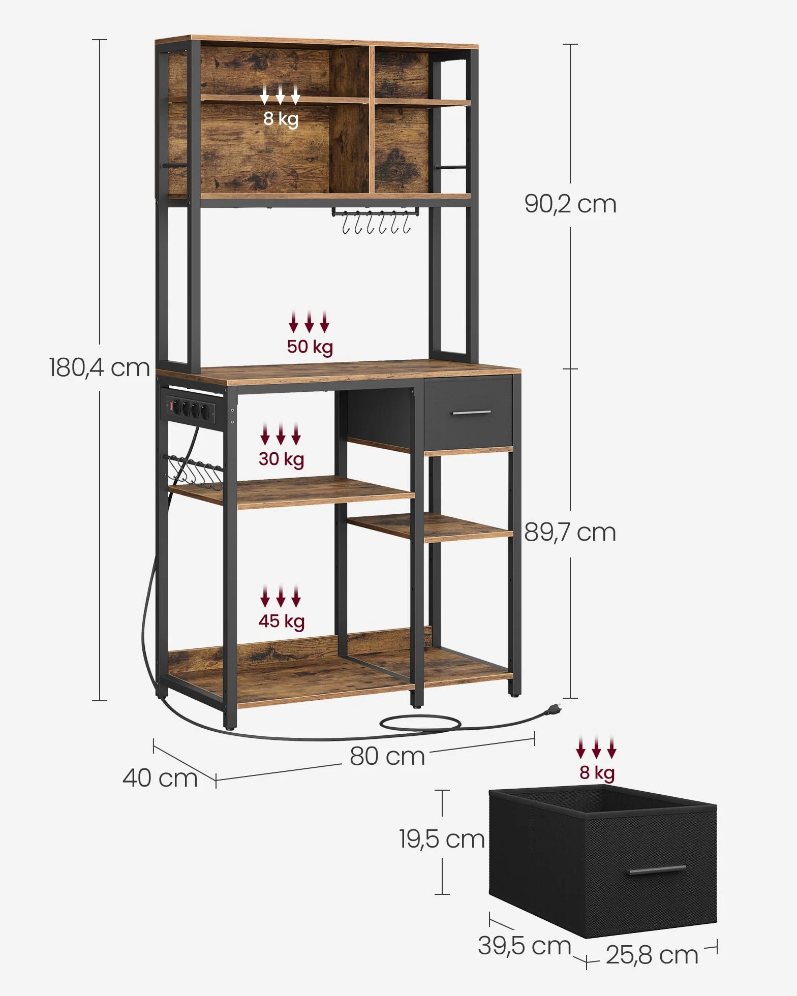 VASAGLE Estanteria Cocina con Multienchufe, Mueble Auxiliar de Cocina, Cajón de Tela, 40 x 80 x 180,4 cm, Estante de Microondas, 12 Ganchos, Marrón Rústico y Negro Tinta KKS015K03