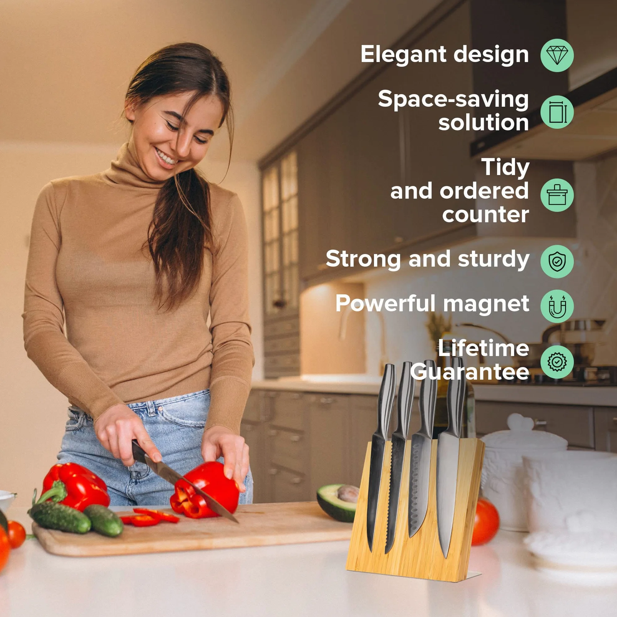 Coninx Bloque Magnético de Cuchillos | Soporte Cuchillos Cocina con Imán de Neodimio muy fuerte | Porta Cuchillos Cocina | Taco Cuchillos | Portacuchillos | Knife Block | Madera de Bambú