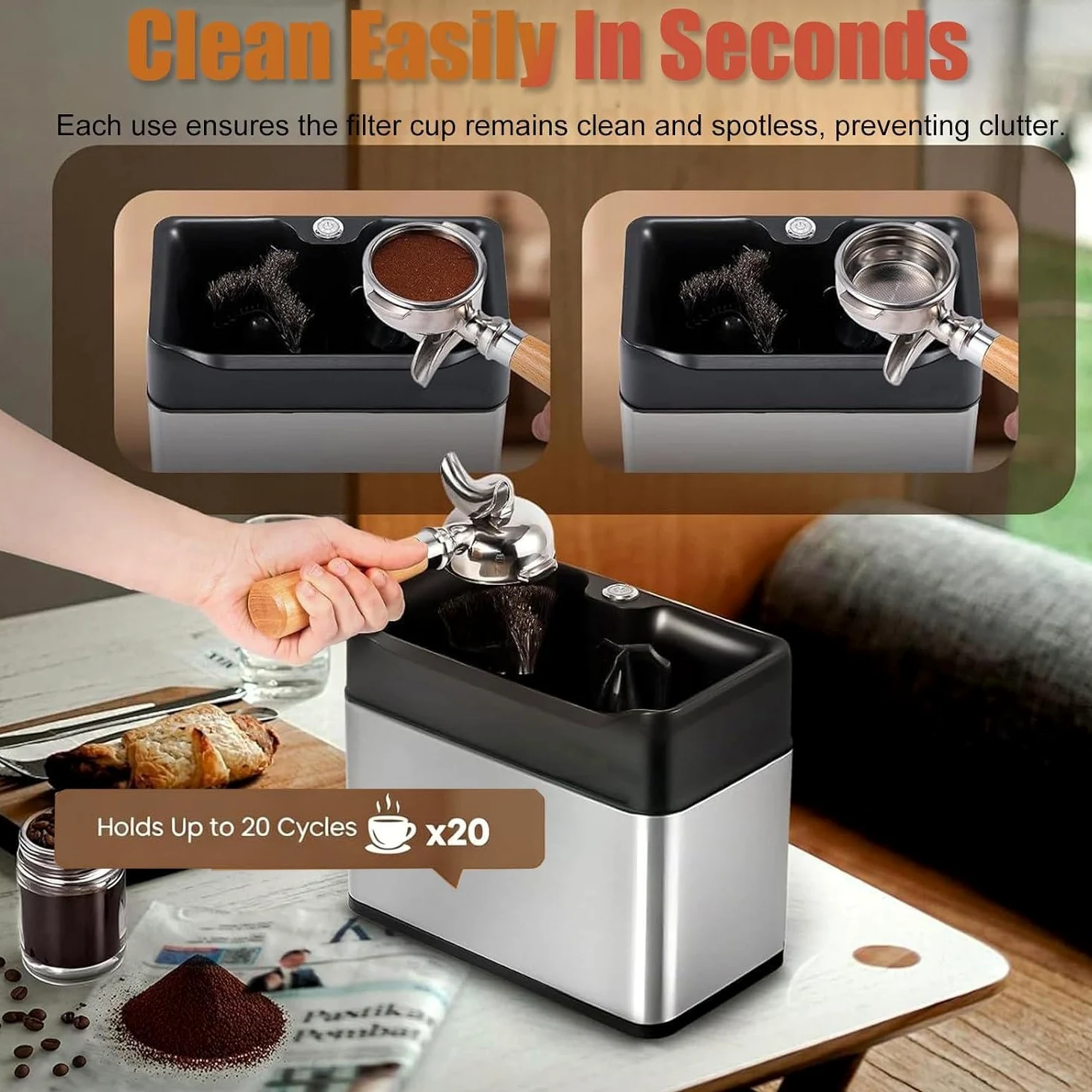 Máquina automática para limpiar portafiltros de espresso | Limpiador eléctrico para portafiltros espresso, para uso doméstico o cafeterías comerciales