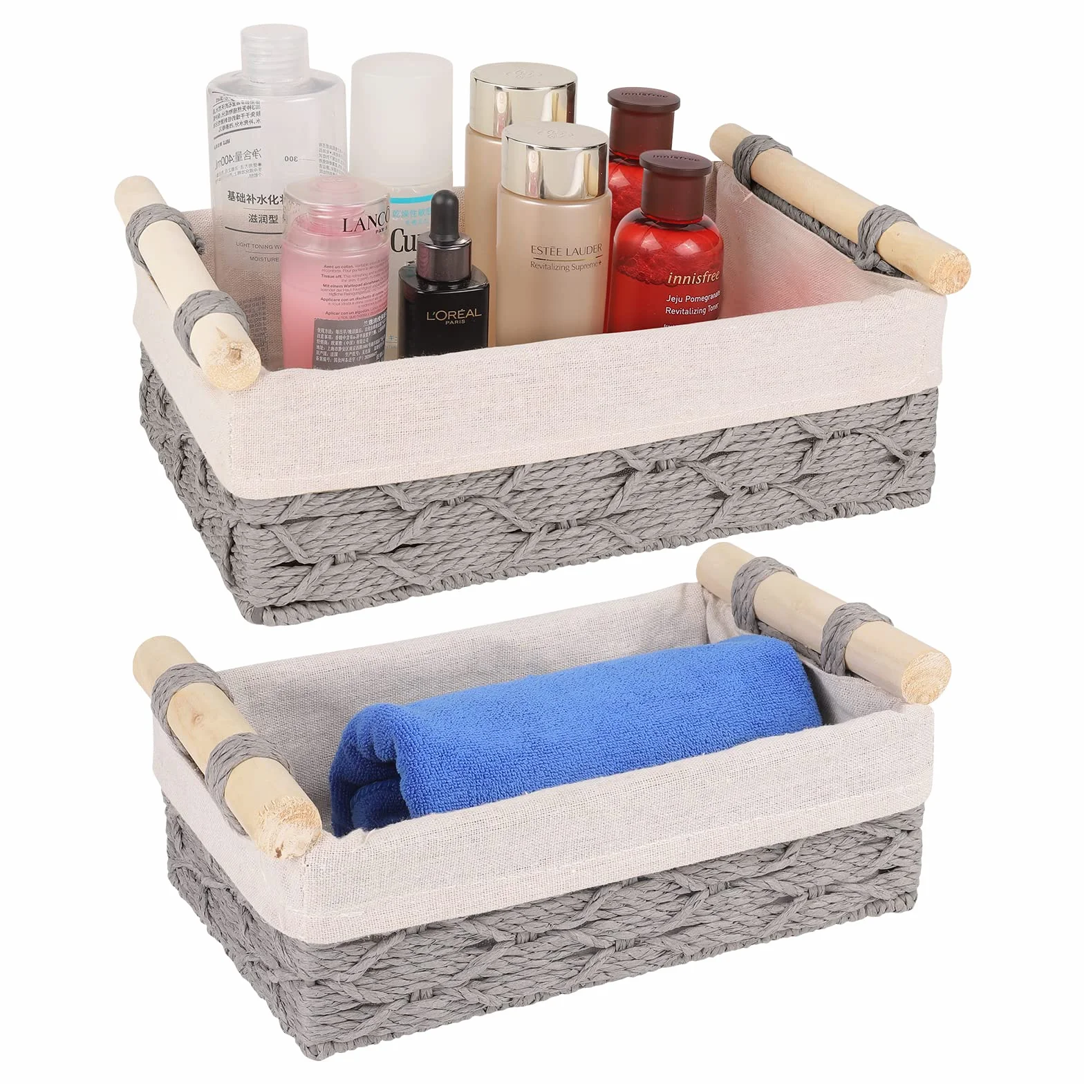 VORHOT 2 Piezas Cestas Almacenaje Tejida Cuerda Papel Boho Decor Cesta Bebe Organizadoras Mango Madera Cajas Decorativas Armarios