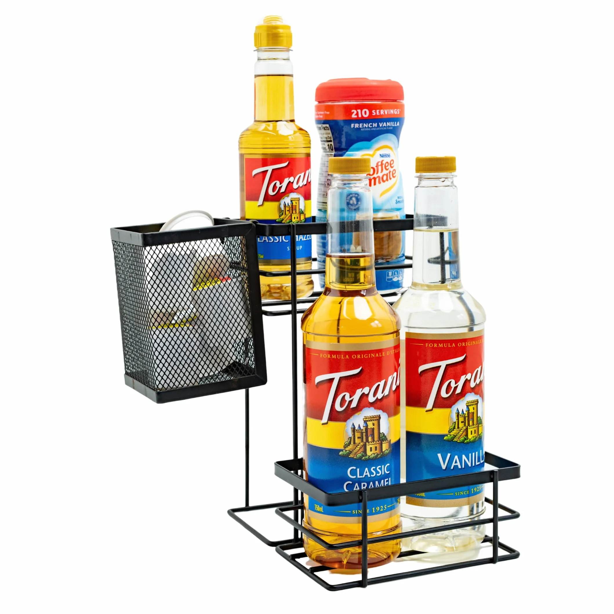 Organizador de barra de café, organizador de jarabe de café con malla, accesorios y organizador de barra de café, estante de jarabe de café, soporte para jarabe de café (4 botellas), soporte