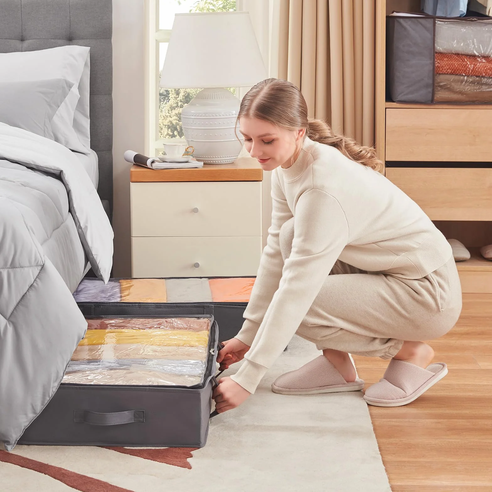 Lifewit Bolsas almacenaje ropa debajo de la Cama, Cajas almacenaje de Gran Capacidad con Asa Reforzada, cajas organizadoras plegables para Mantas, Ropa, Gris, 65 L, 3 Piezas