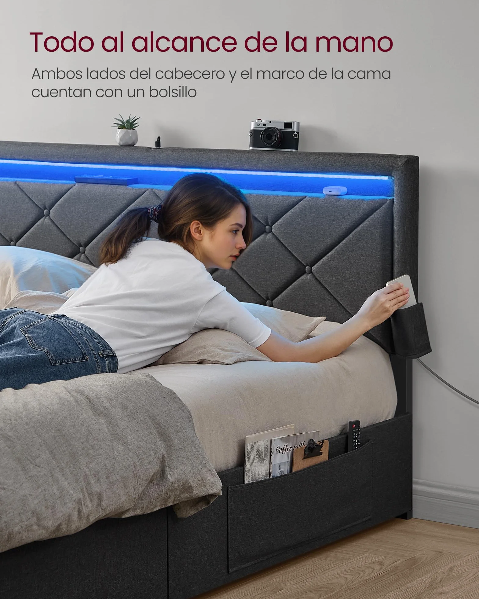 VASAGLE Marco de Cama Matrimonio, Base con Listones, 140 x 200 cm, LED, Metal, 4 Cajones, Estación de Carga, Cabecero Acolchado Ajustable, Gris Pizarra RMB827G02