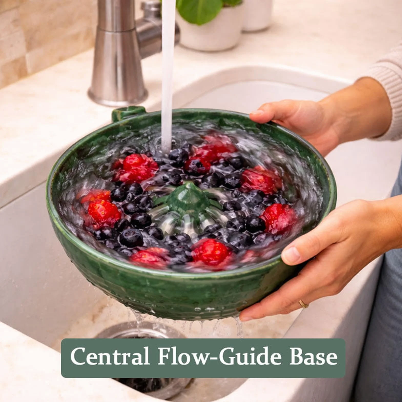 Cuenco automático para lavar bayas, de cerámica, 1 cuenco de lavado de bayas con drenaje, limpiador de bayas multifuncional para cocina, para hacer ensaladas de moras, fresas, uvas
