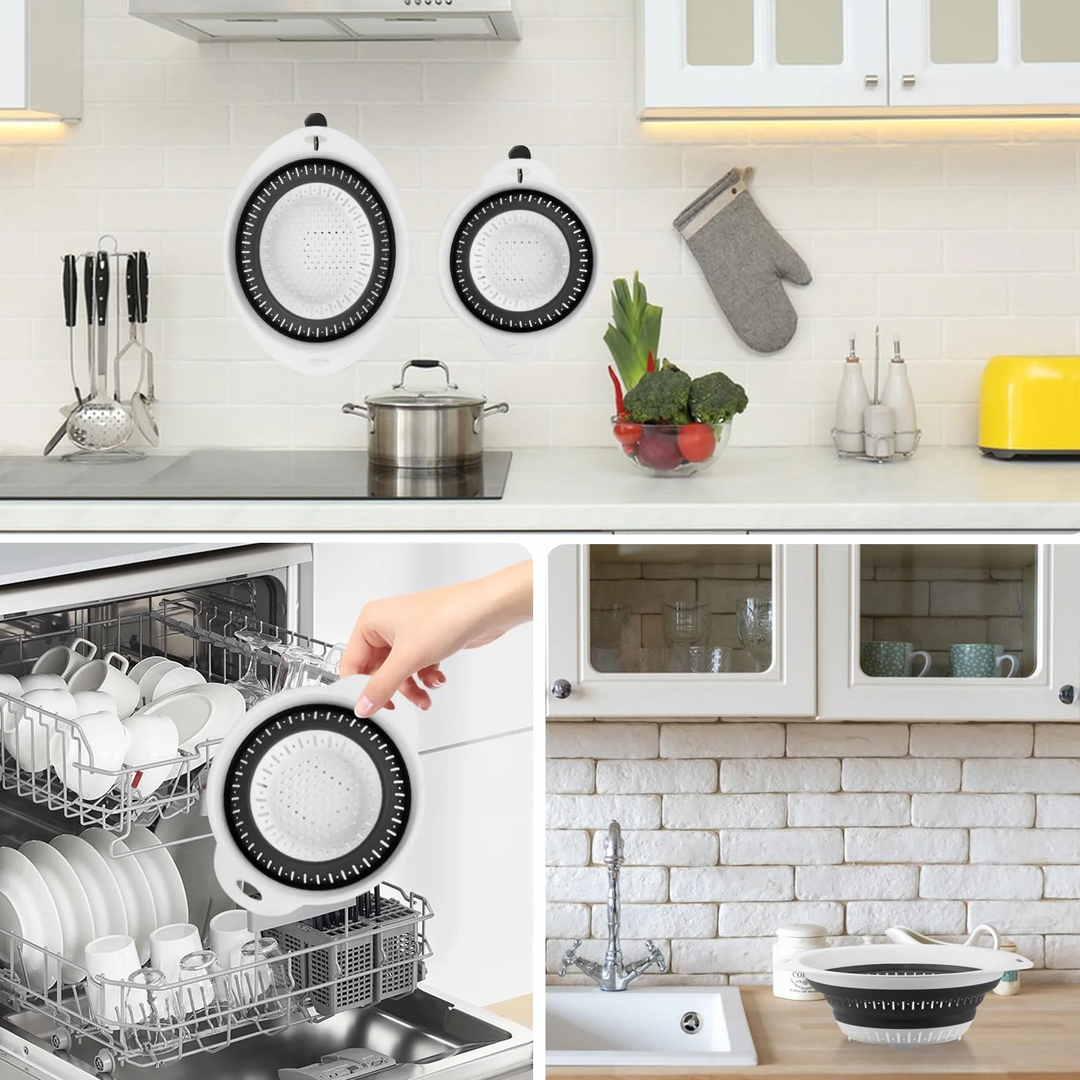 2 Piezas Colador Plegable de Cocina, Coladores de Silicona, Escurridor Plegable con Mango, Escurridor Pasta Verduras, Colador de Pasta Frutas Alimentos, Accesorios