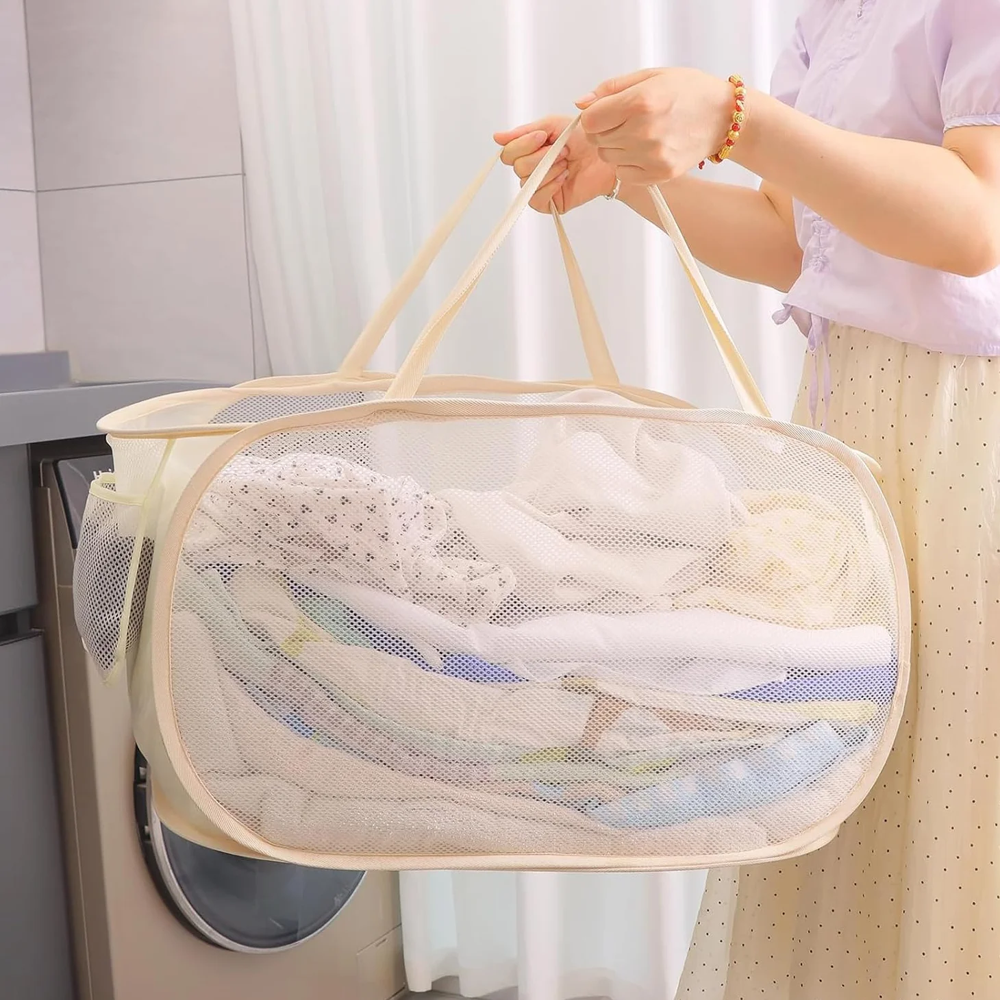 Cesto Plegable de Malla Plegable Pop-Up Malla Cesto de Ropa Bolsa Cesta de Colada Lavado Pop Up para Guardar Ropa y Objetos Pequeños