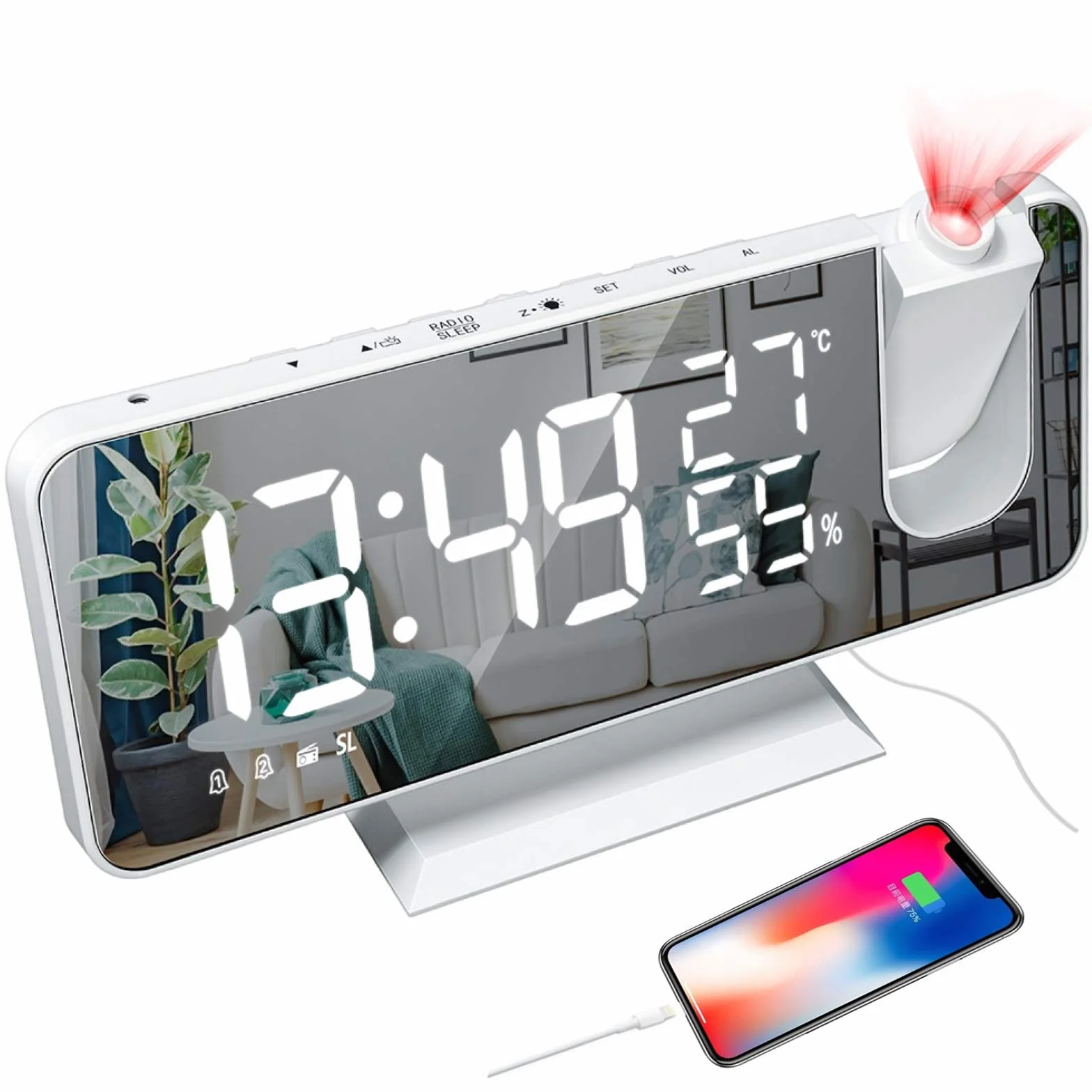 Despertador de proyección, Despertador Digital LED con Superficie de Espejo, Puerto de Carga USB, repetición, Doble Alarma, Radio FM, Modo de 3 atenuaciones, Humedad de Temperatura, Ajuste