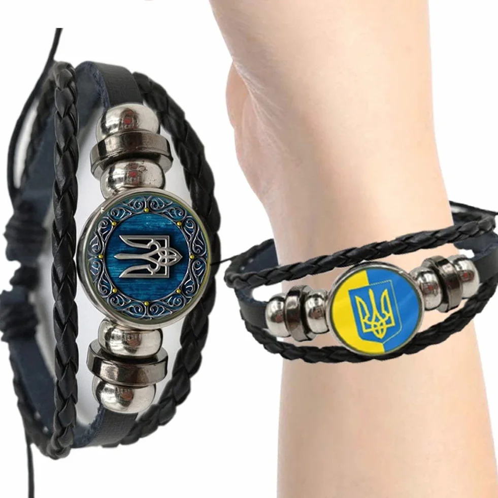 Wudaizhi Flaj Ucrainian Intercambible Tiempo De Piedra Múltiple Símbolo Símbolo Trident Trident Rune Leather Bangle Punk Jewelry, Paquete De 2