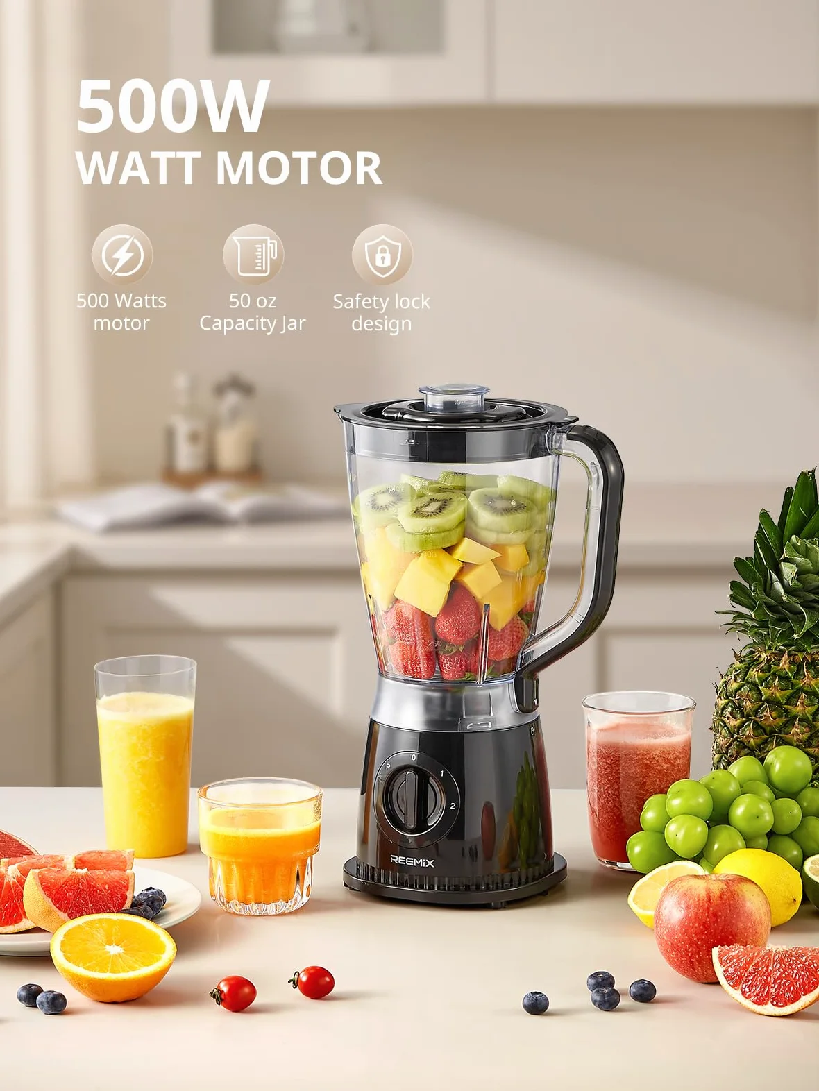 Batidora de 500 W, 1,5 L con 2 velocidades y función de pulso, cuchillo de acero inoxidable, tapa extraíble con vaso medidor, vaso mezclador apto para lavavajillas para batidos y batidos