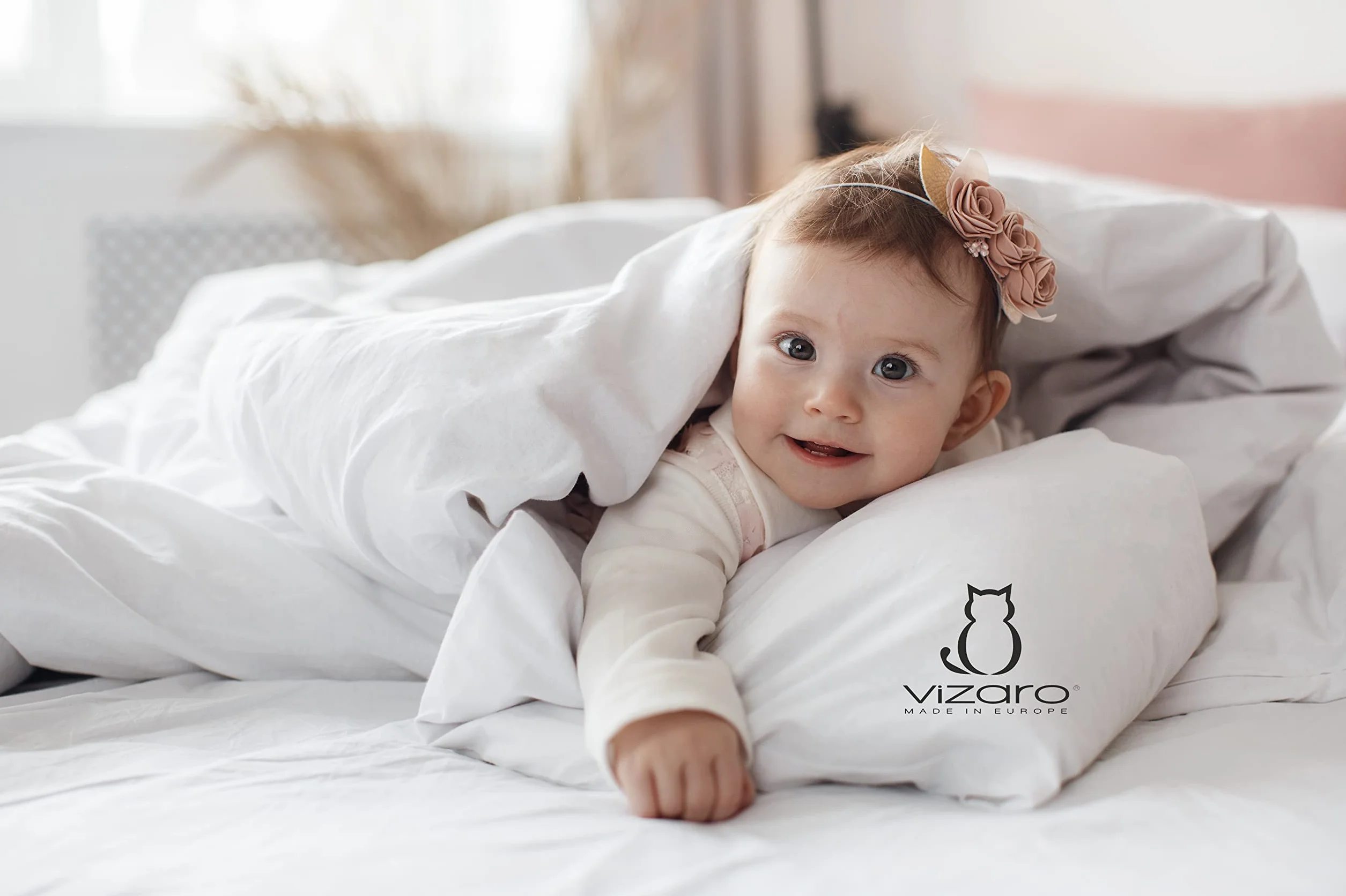 Vizaro - Almohada de Bebé (30x60cm) - Plana - Firmeza Blanda - 300g - Transpirable - Lavable - 100% Algodón - Hecho UE, OekoTex