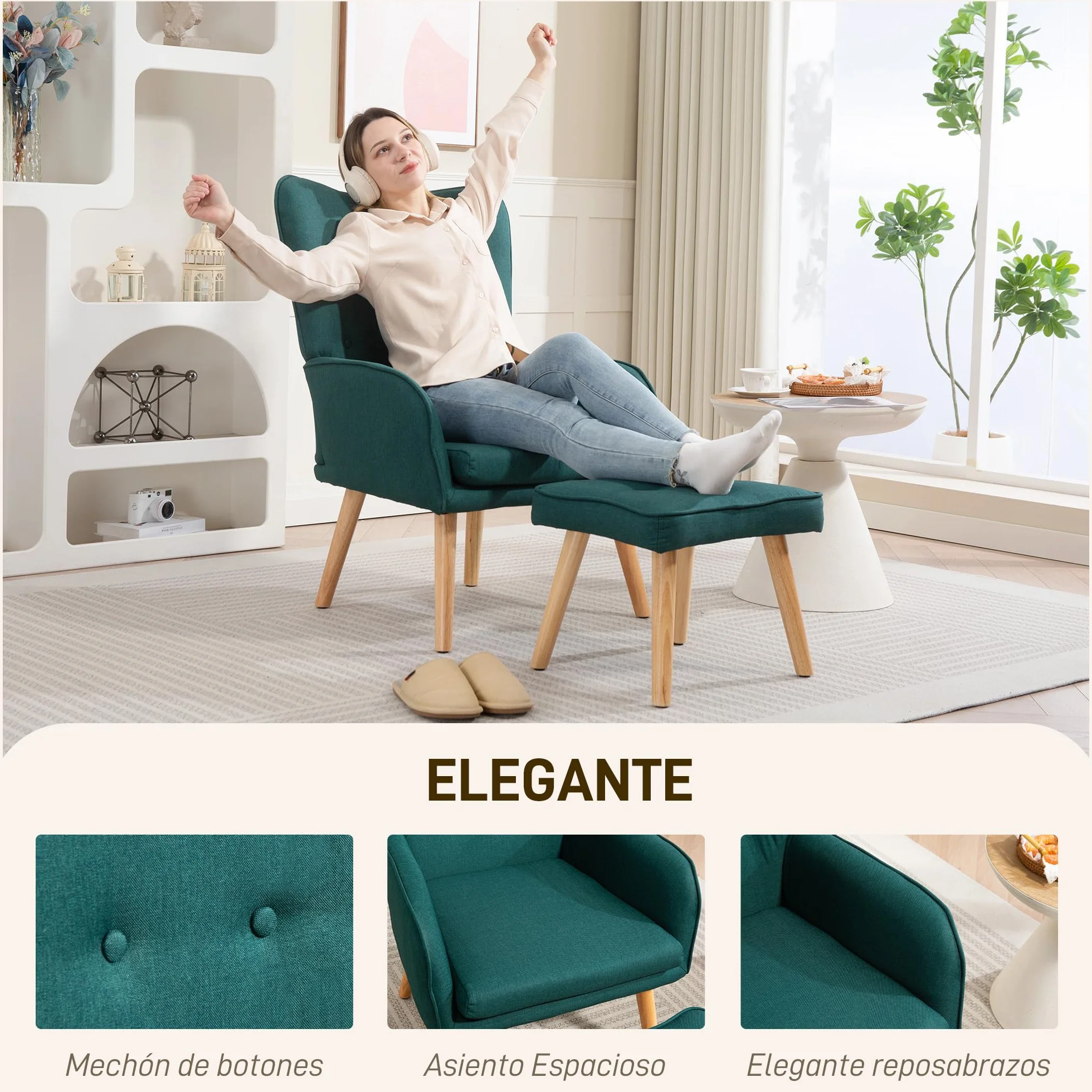 HOMCOM Sillón con Reposapiés Sillón Lectura con Respaldo Alto Capitoné Asiento Amplio Patas de Madera y Tapizado en Lino Butaca para Salón Dormitorio Oficina Verde Oscuro