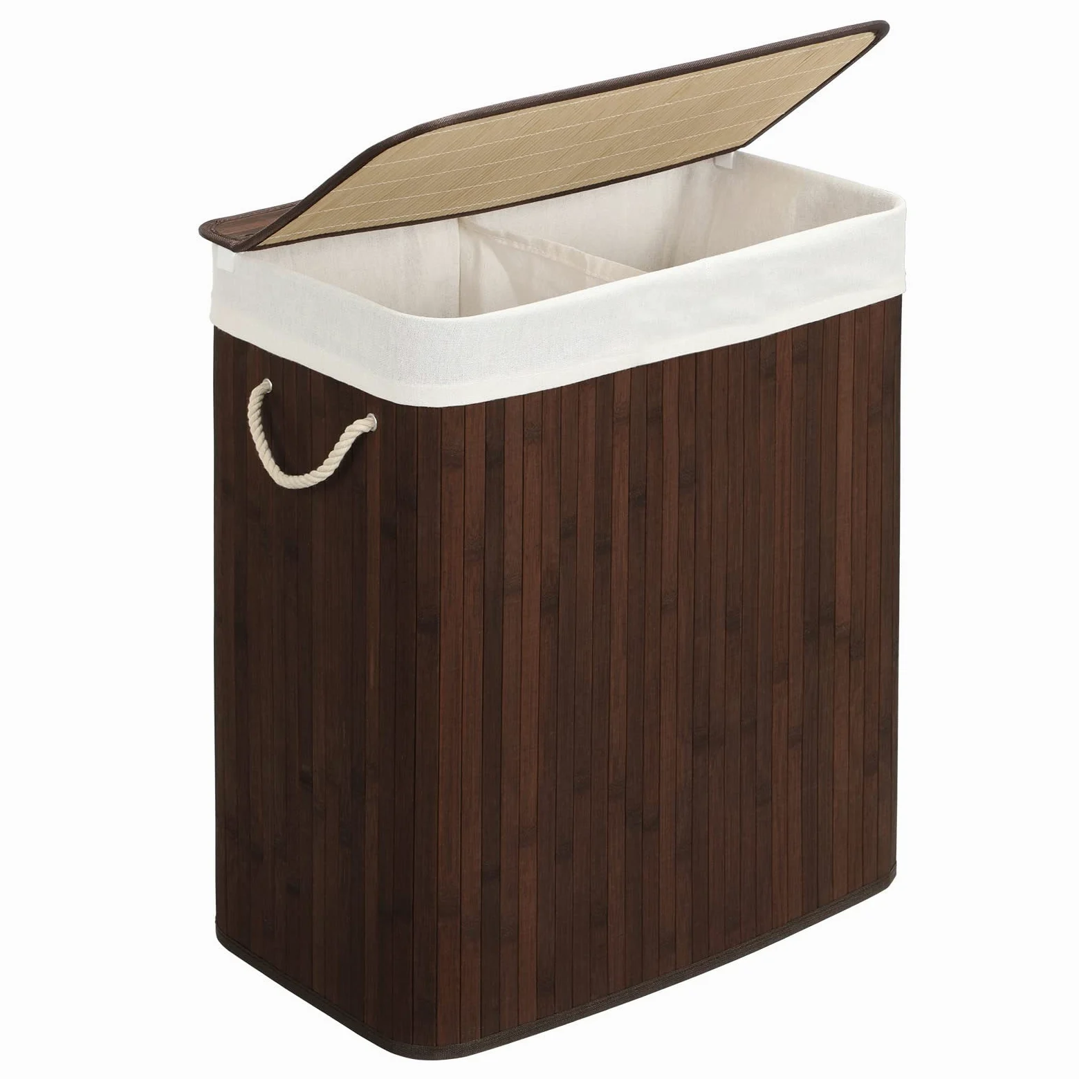 SONGMICS Cesto Ropa Sucia, 100 L, Cesta Colada 2 Clasificaciones, con Tapa, Bambú, con Asas, Plegable, Bolsa Interior Extraíble y Lavable a Máquina, para Lavandería, Dormitorio, Marrón LCB72Z