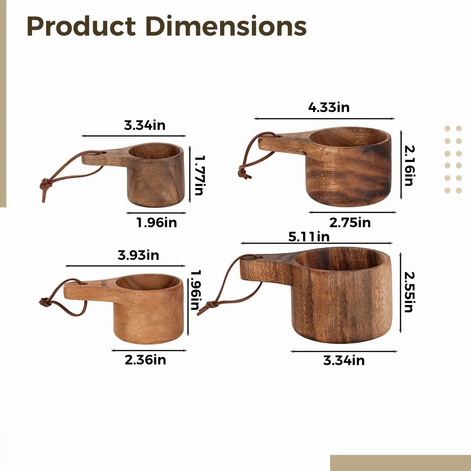 Juego de 4 tazas medidoras de madera, hechas de madera de nogal sudamericano, grabadas para hornear y cocinar, diseño de anidación