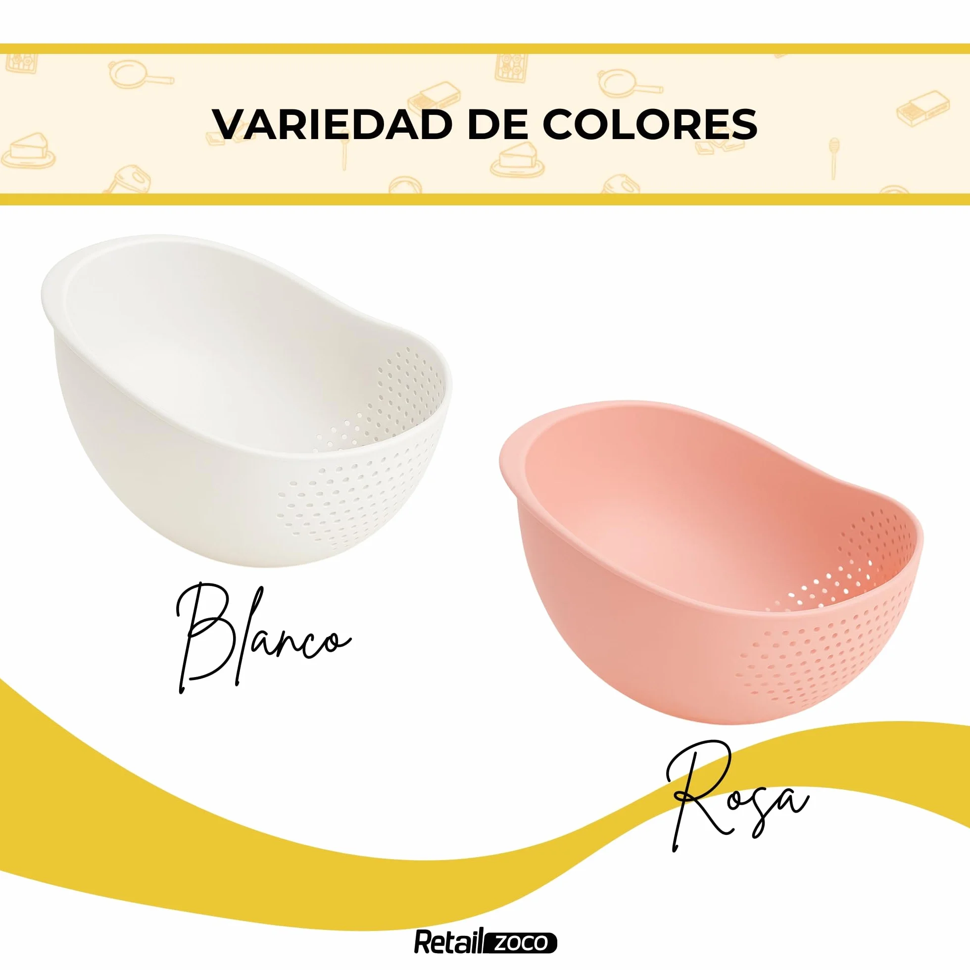 CHEFZOCO Escurridor de plástico, colador de cocina, Colador multiusos, escurridor para arroz, Tamiz alimentos, Colador para frutas y verduras, Cesta escurridora, Capacidad 1 Litro, Plástico, Rosa