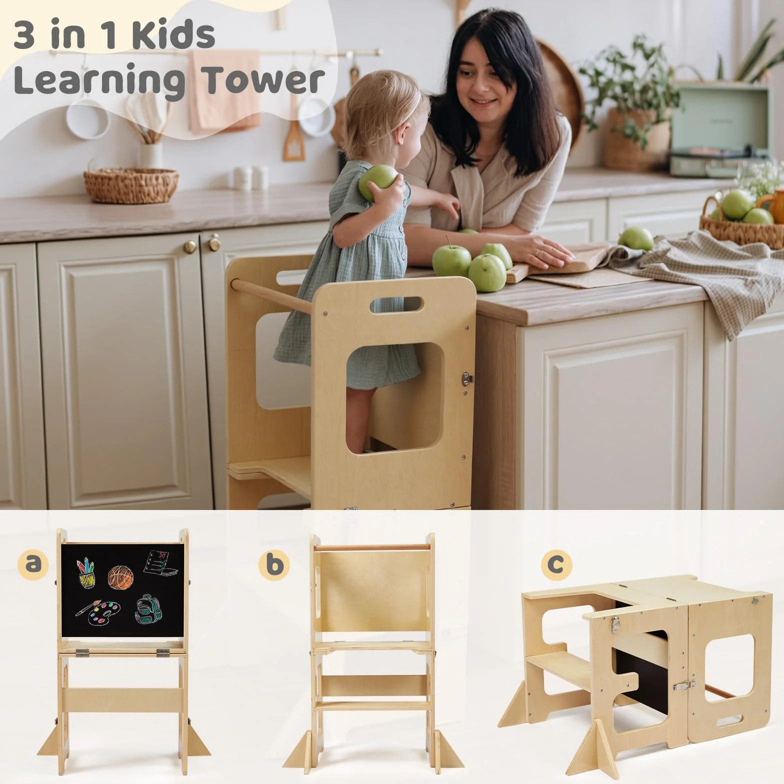 Labebe Montessori Torre per Bambini 3 in 1 Pieghevole Didattica Scala Sgabello con Lavagna Legno da 1 Anno