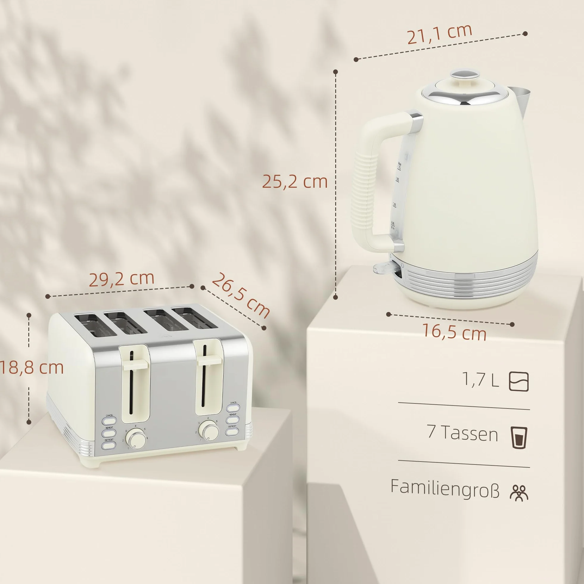 HOMCOM Hervidor tostador Set de desayuno con tostador de 4 rebanadas, hervidor de 1,7 litros, 2200 W, 7 niveles de tostado, bandeja recogemigas, descongelación, recalentamiento y termostato Strix,