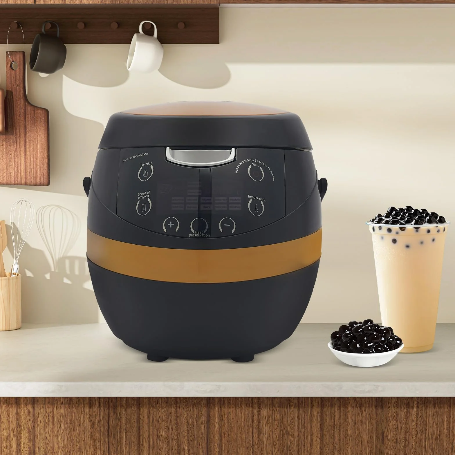 Máquina de cocina de tapioca de 8 litros, olla automática de perlas con revestimiento antiadherente, olla de tapioca de 1200 W, olla de perlas comercial con 12 temporizadores y modo de mantenimiento