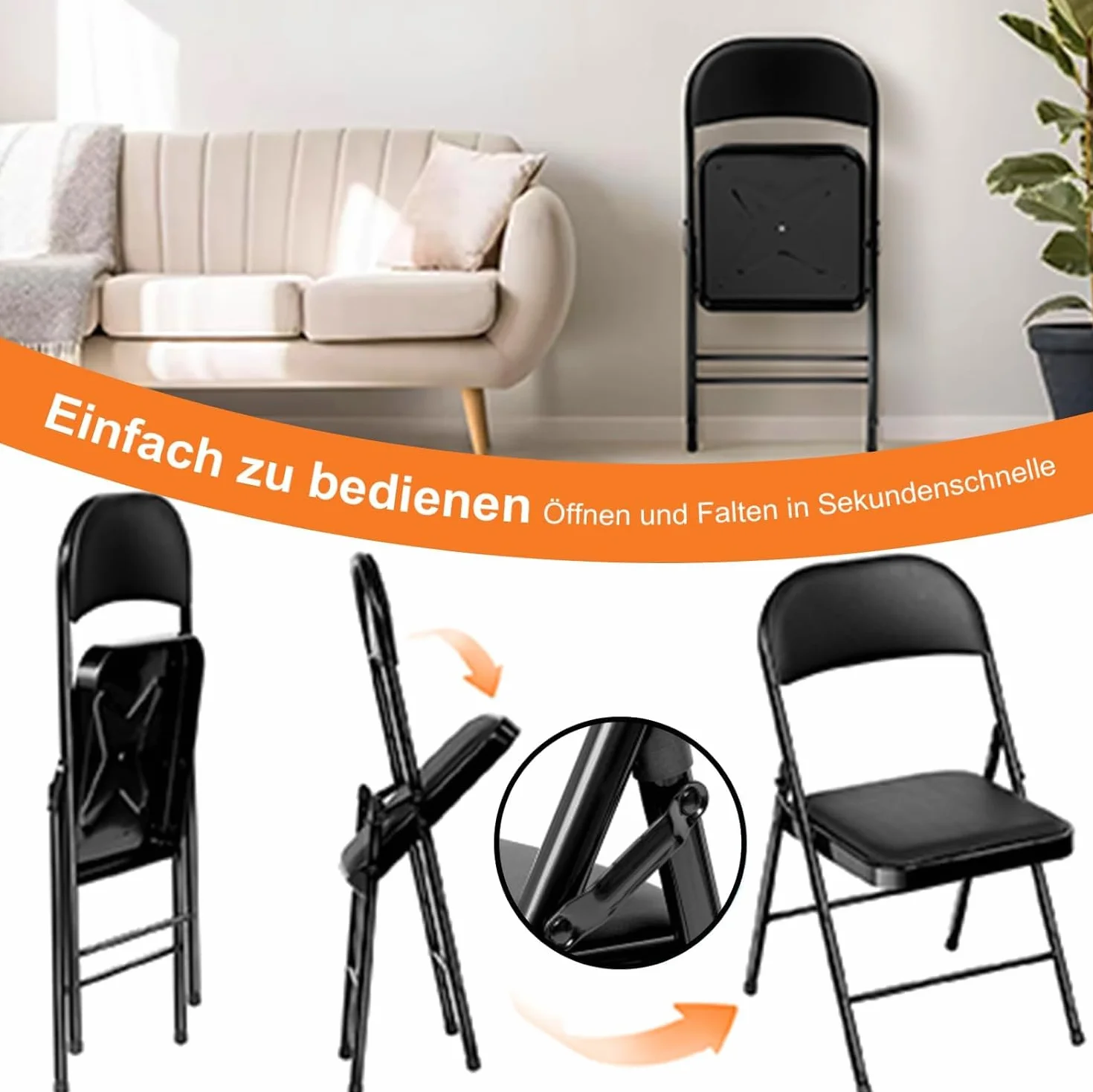 Set 2 Silla Plegable Acolchada, Sillas Plegables con Estructura de Acero Negro para Interior y Exterior, Silla de Comedor Apilable , Silla Plegable para Jardin, Balcón, Camping, Cocina y Eventos