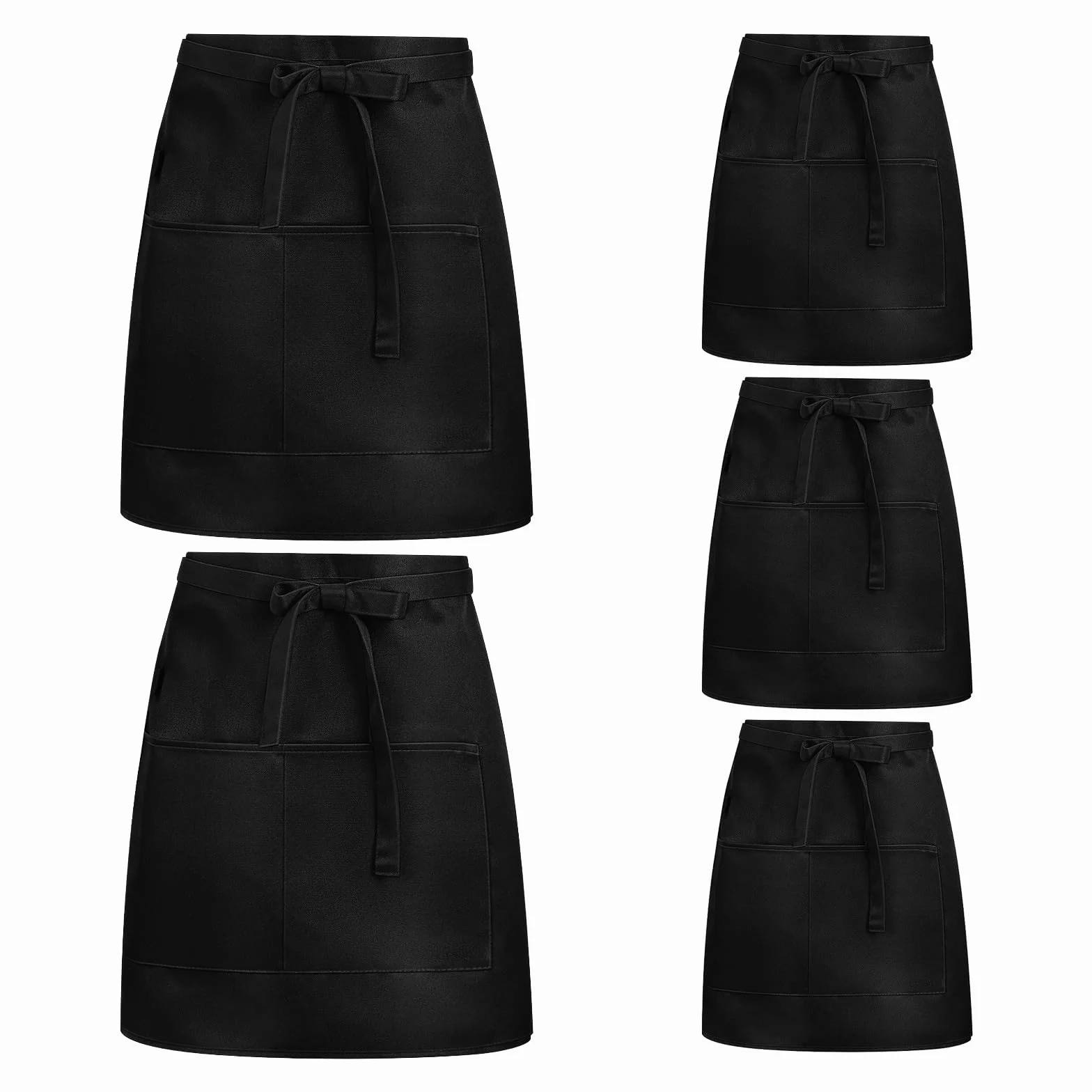 Cabilock 5 delantales cortos de cintura media, color negro, con bolsillos, para mujeres, hombres, camareras, chefs, o meseros.
