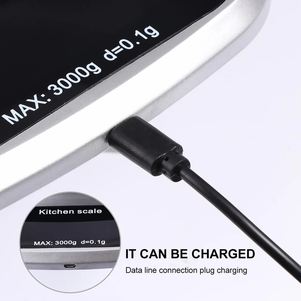 UKCOCO Báscula Sensor de Alta Precisión de Cocina Digital de Acero Inoxidable Recargable 3 Kg y Pantalla Lcd para Uso en Cocina y Joyería