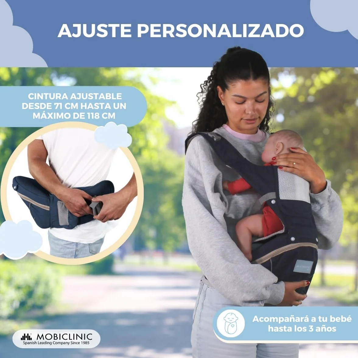 Mobiclinic® Mochila portabebés 6 en 1 Moley Multiposición Plegable Algodón premium suave 0-36 meses azul marino