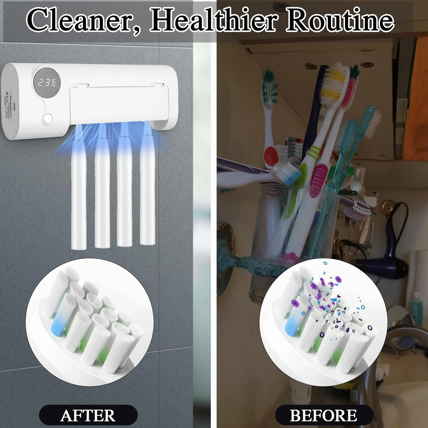 Soporte Cepillo de Dientes Eléctrico, Esterilizador Cepillo Dientes UV, Soporte Cepillo de Dientes Pared, Desinfectante Cepillo Dientes, Inalámbrico y Recargable USB, Organizador Baño sin Taladro