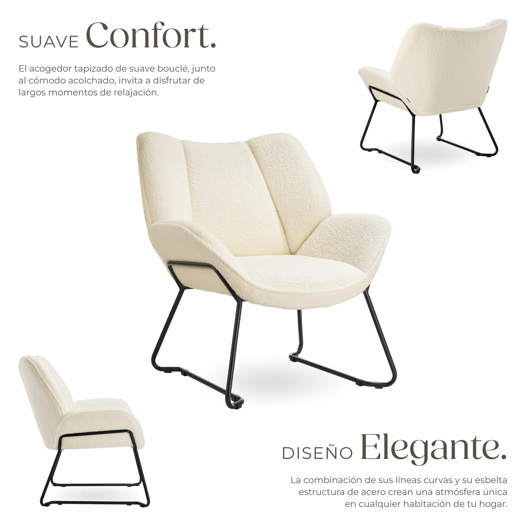 tectake® Sillón de Bouclé Acolchado y Reclinable, Butaca Escandinava con Reposabrazos y Respaldo, Tapizado de Espuma de Alta Densidad, Estructura de Acero con Protección Antideslizante - Crema/Blanco