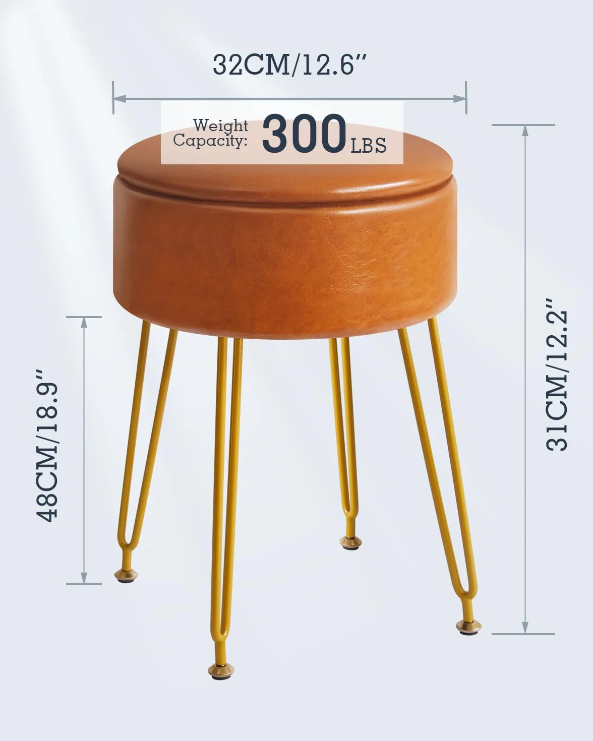 Taberno Redondo de Reposapiés Cuero Falso Almacenamiento Otomano Mesa Lateral Silla Vanidad Maquillaje Asiento Mesa Vestir PU Marrón Claro