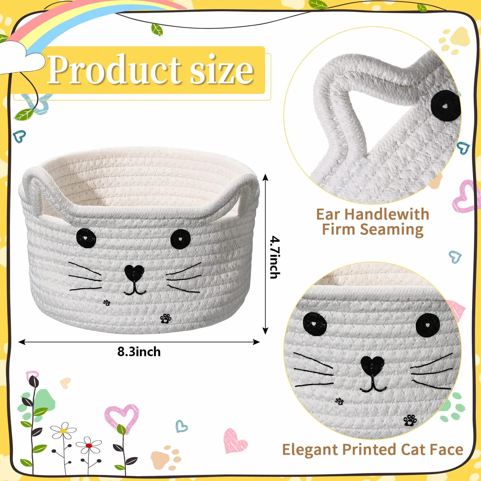 Cesta de Almacenaje de Cuerda Tejida con Orejas de Gato, Algodón, Blanco, 12 x 21 cm